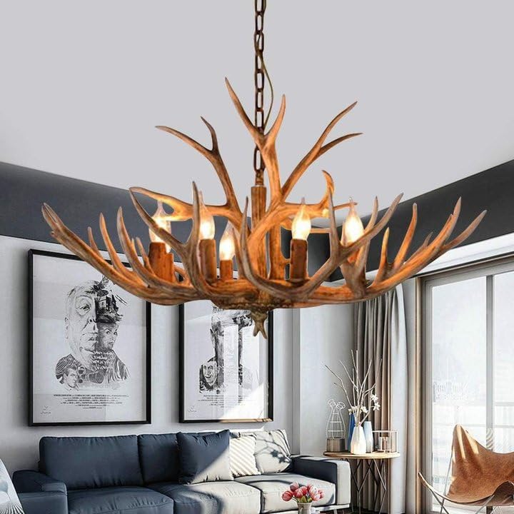 TFCFL Antlers Chandelier, Pendant Light 6 Antlers Retro Country Style Deer Horn Chandelier Lighting with E12 Base, Antler Lamp H