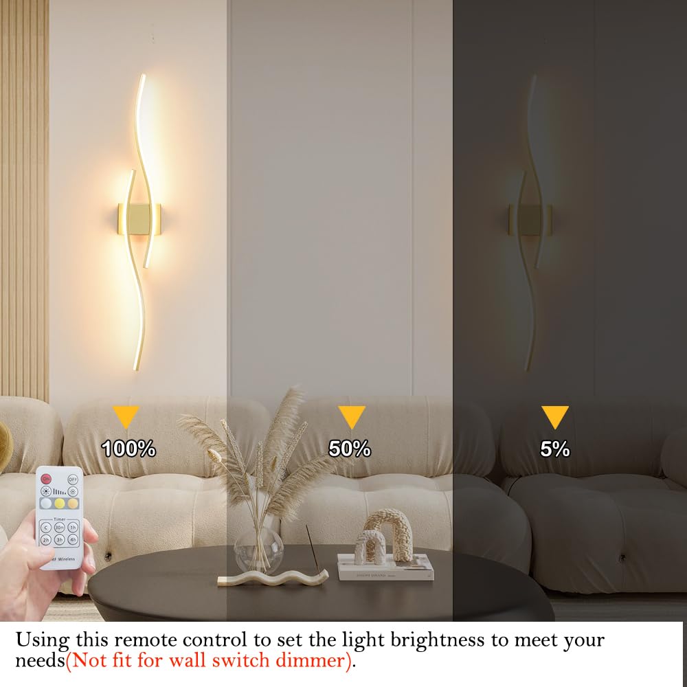 Daunton Modern Wall Sconces Set of 2, Dimmable LED, Gold, 40.5in, Hardwired, Remote Control, Indoor Lighting for Living Room, Bedroom