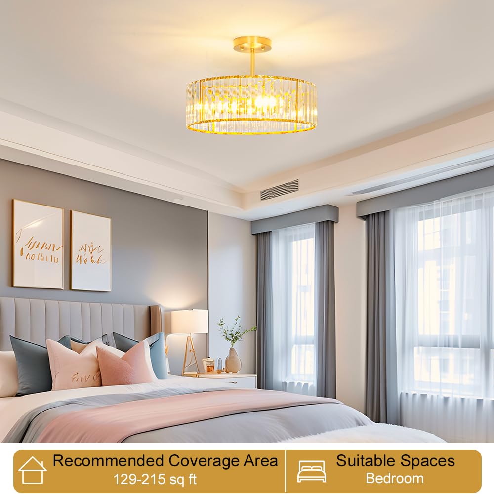 Modern Crystal Ceiling Light Fixture  Semi Flush Mount Ceiling Light  Brushed Brass Hallway Lighting Fixtures Chandelier  Crystal Chandelier For Kitchen Bedroom Dining Room Closet  5-Light  16 Inch