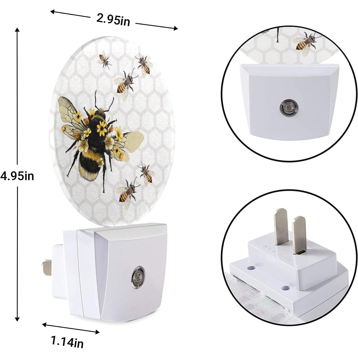 Ekobla Vivid Bees Plug In Night Light Honeybee Animal Sweet Wild Wasp Auto Led Lamp Energy Saving Round Lights For Boys Girls Me