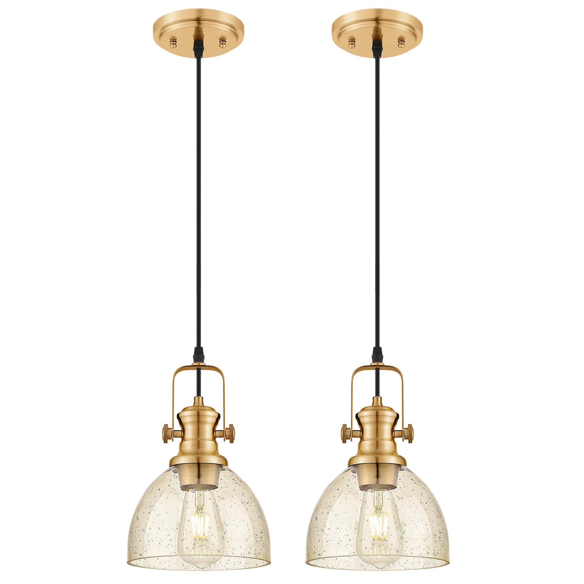 Audickic 2-Pack Pendant Lights Kitchen Island  7.5 Farmhouse Pendant Lighting with Amber Seeded Glass Shade  Hanging Light Fixtures for Dining Room  Brushed Gold  AD-22151-1P2-GD-OR