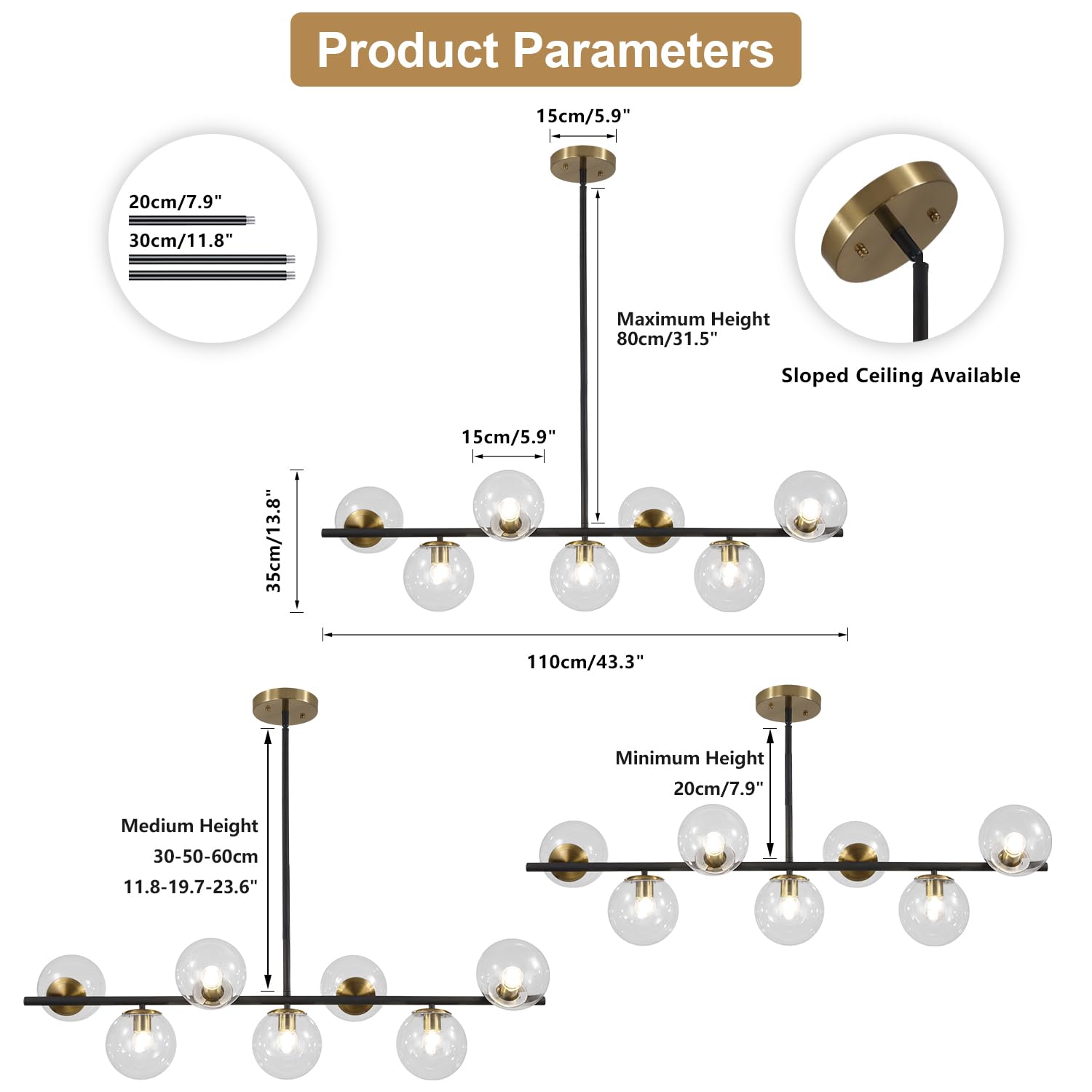 Kco Black Brass 7-Light Chandelier, Clear Glass Bubble Modern Sputnik Pendant Lighting