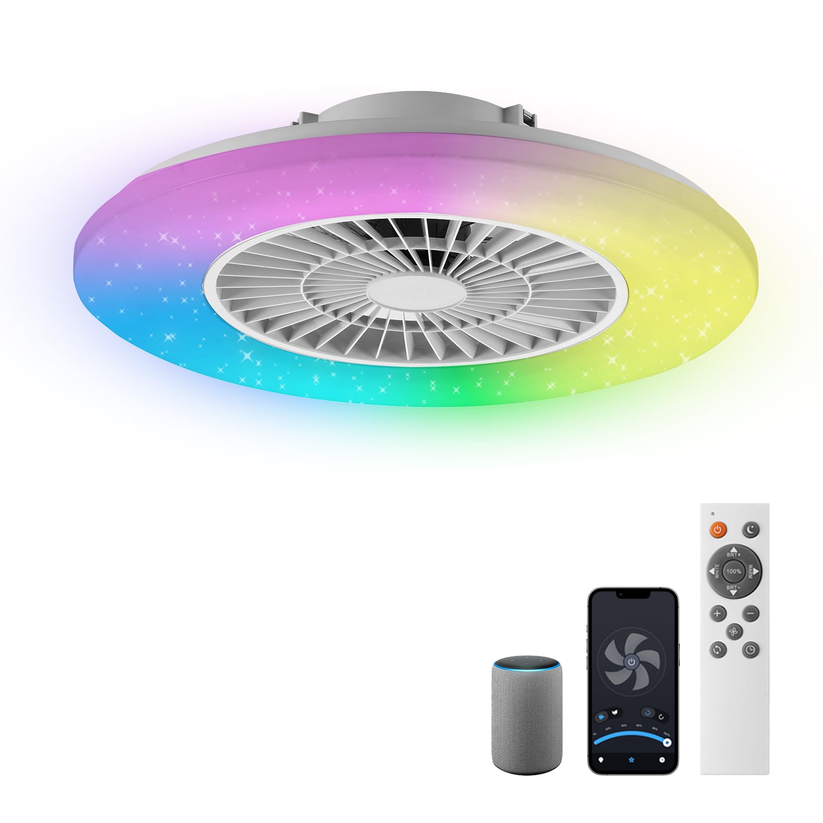 BKZO Ceiling Fan with Lights, 24in Low Profile, RGB, Remote Control, Model 323115-1-RGBCW, White, Alexa Compatible