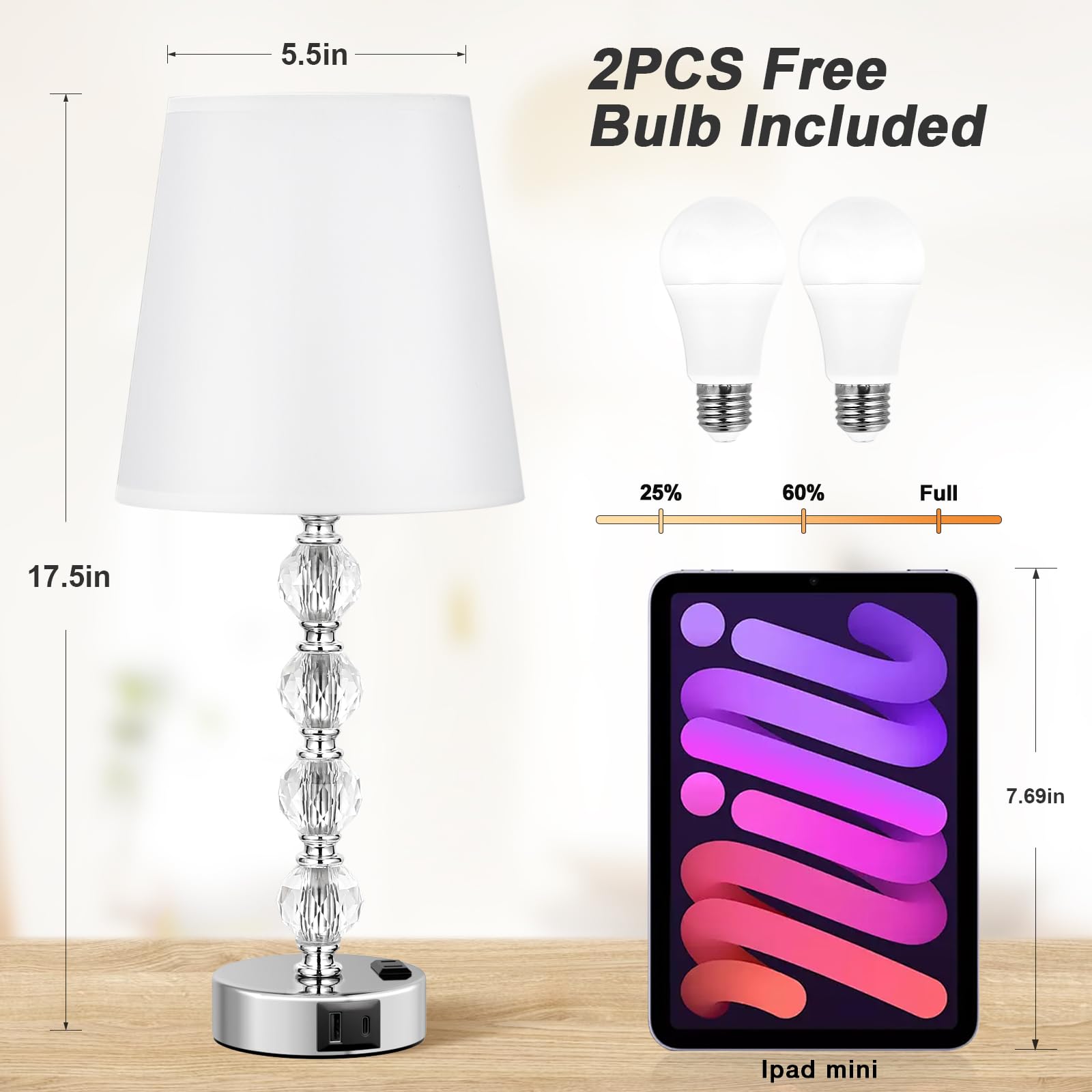 Bedside Lamps For Bedrooms Set Of 2 Nightstand - Large Crystal Table Lamps With Usb C Charging Ports And Ac Outlet, 3 Way Dimmab