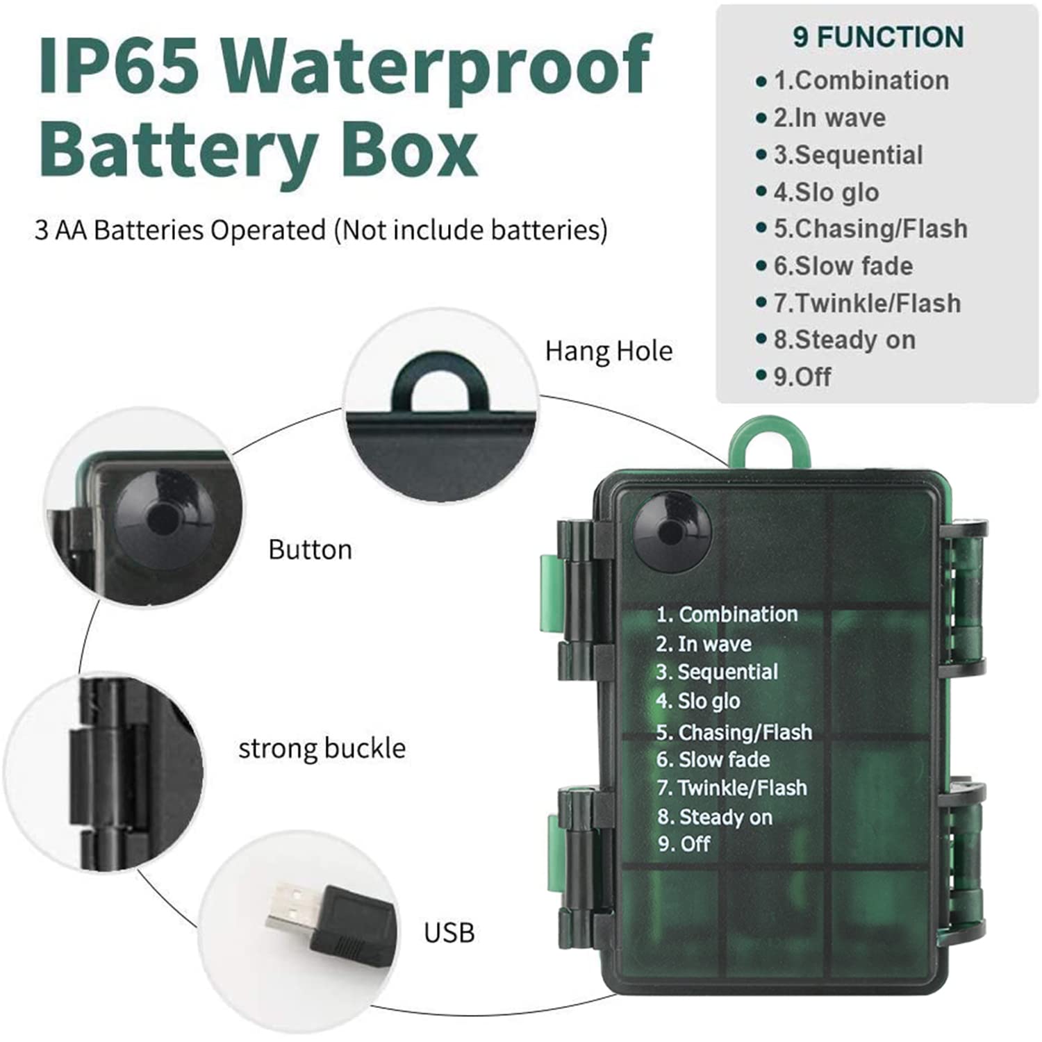 Green Convenience Christmas Lights 33Ft 100 Led Battery String Lights With Timer Memory Function Usb Or Battery Powered Waterpro