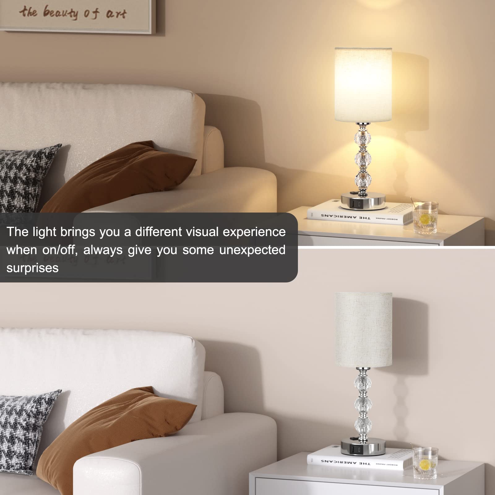 Acaxin White Crystal Table Lamp - 3-Way Dimmable With Usb C+A, 14.6In Nightstand Light For Bedroom, Living Room, Kitchen