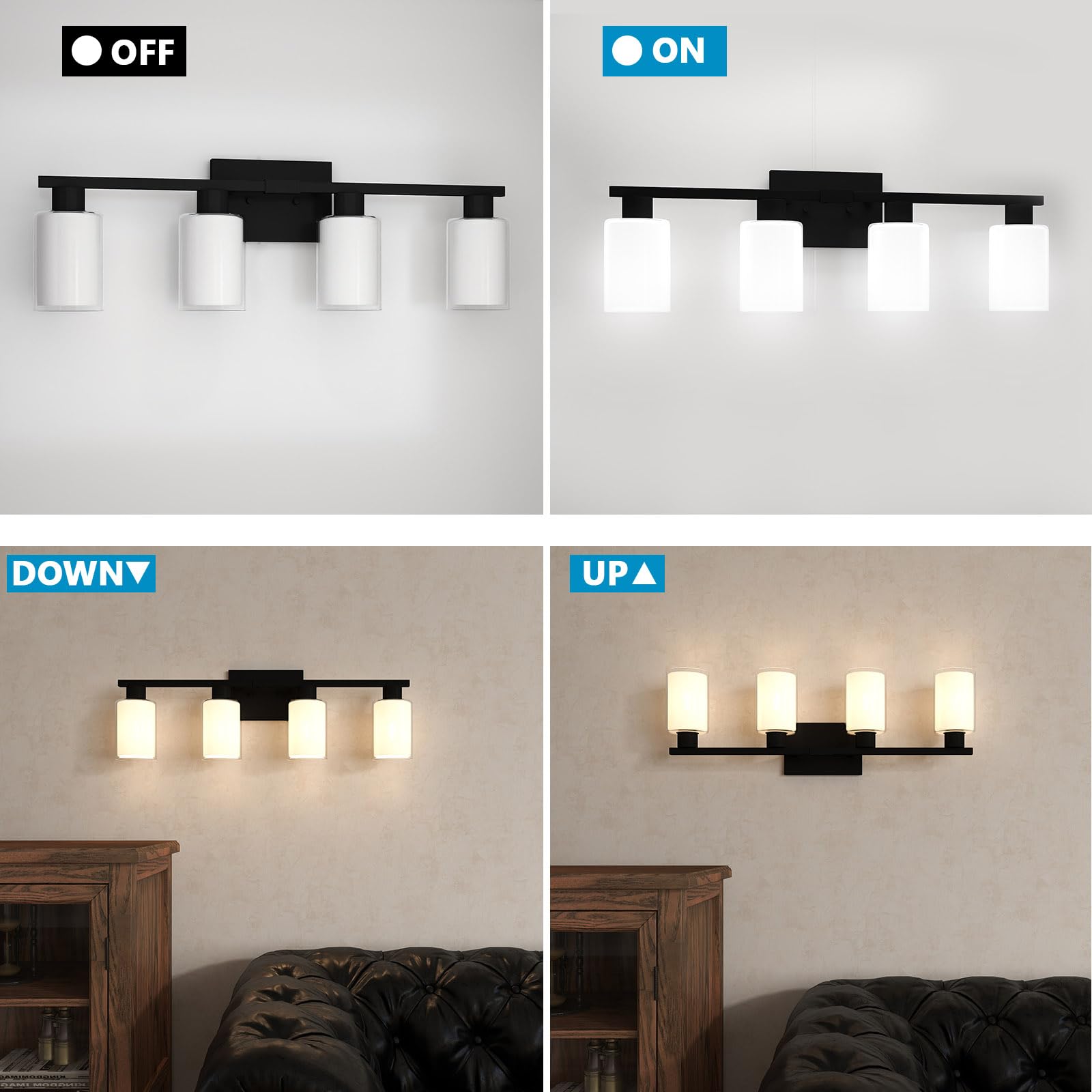 Zhizenl Bathroom Light Fixtures Over Mirror, 4 Lights Matte Black Vanity Lights With White Glass And Clear Glass Lampshade, Modern Black Bathroom Vanity Lights, Bath Wall Sconces Lighting