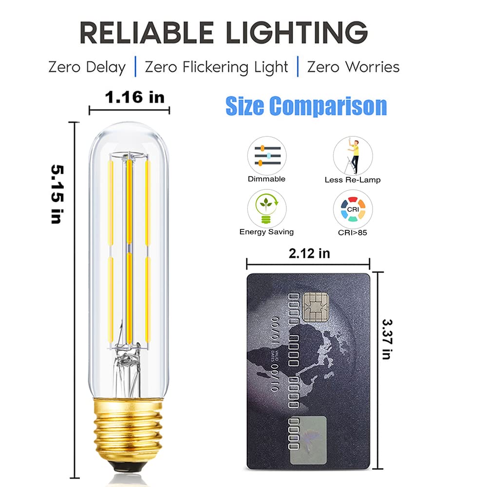 Leools T10 Led Bulb,Dimmable Led Tubular Bulbs 6W,Equivalent 60Watt,Daylight 4000K, 600Lm, Clear Glass,E26 Base Vintage Led Edis