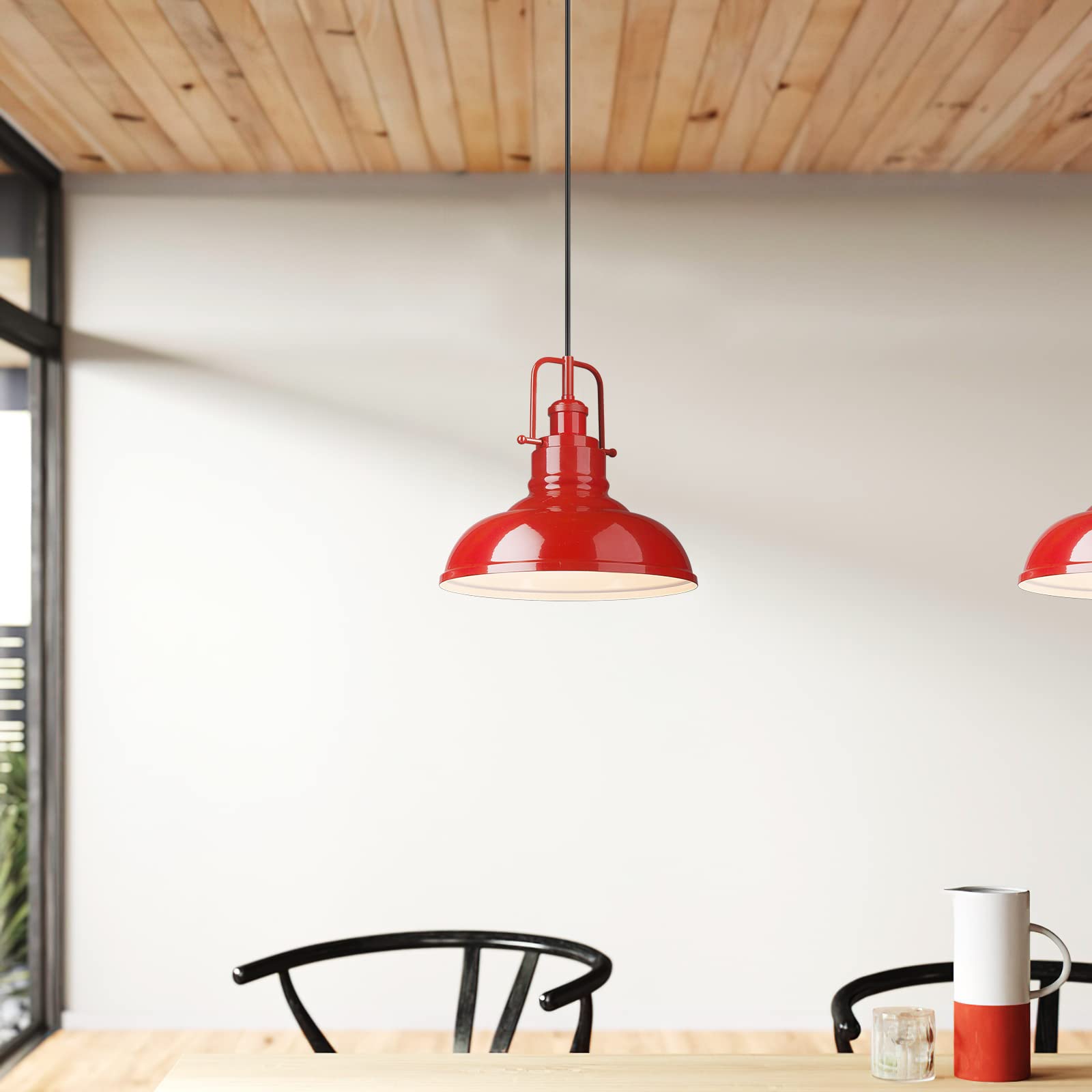 Zeyu 2 Pack Modern Pendant Lights, 11-Inch Kitchen Light Fixtures With Metal Dome Lampshade, Red Finish, 016-1-2Pk Red
