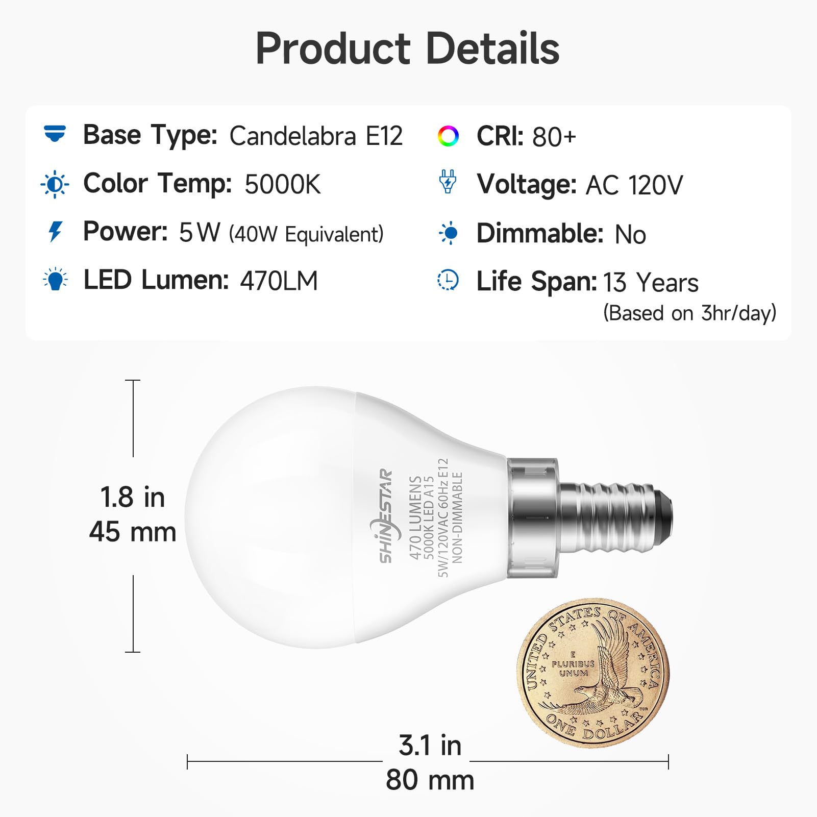 Shinestar 6-Pack Ceiling Fan Light Bulbs, Small Base, 120V 40W Equivalent, 5000K Daylight, E12 Led Candelabra Bulb, A15 Shape, N
