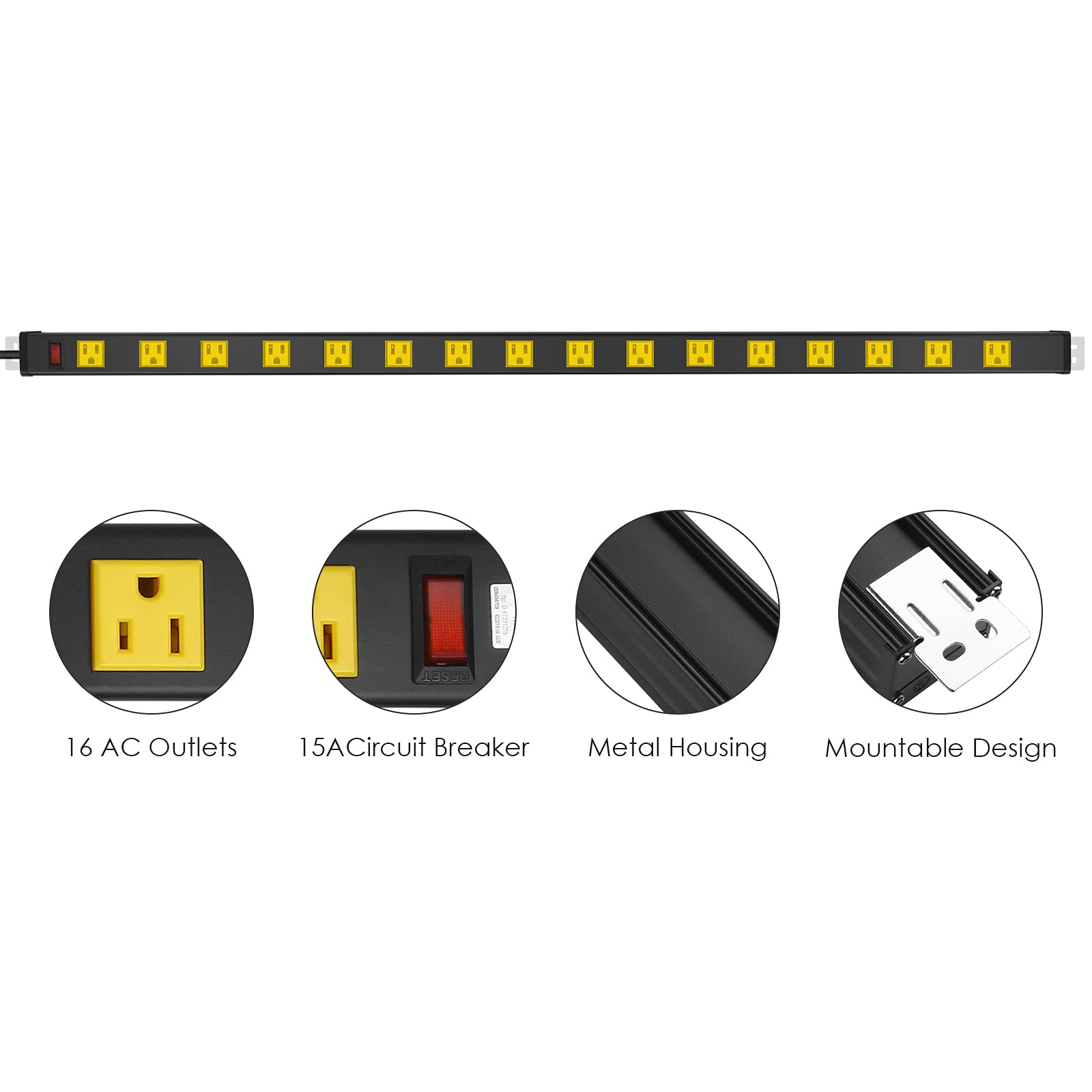 JUNNUJ Long Metal Power Strip with 16 Outlets, 15 FT Cord, 15A, 125V, Yellow