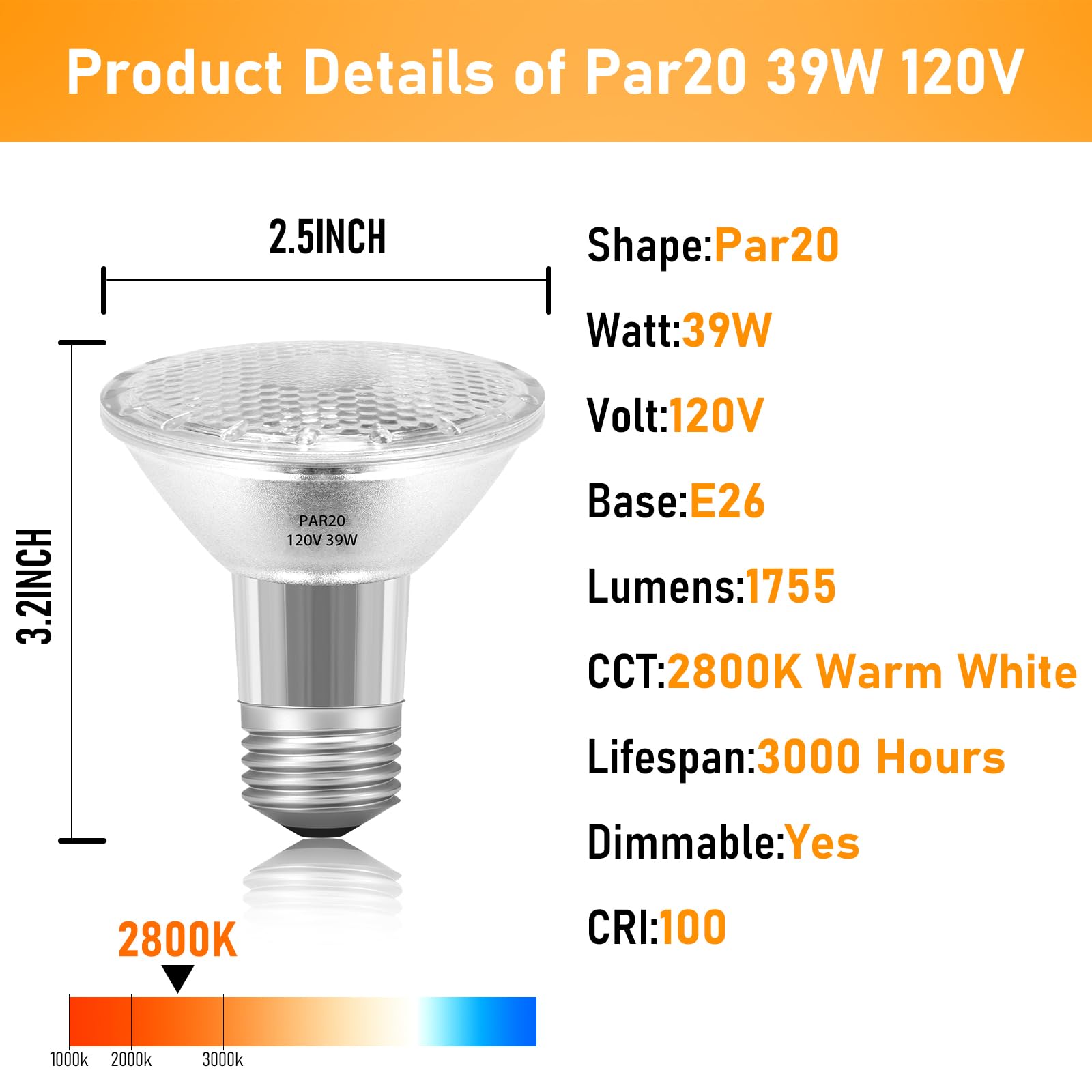 Jaenmsa Par20 39W 120V Floodlight Bulbs, 12 Pack Par20 39 Watt Eco Halogen Light Bulbs E26 120V Reflector Dmimable Warm White 28