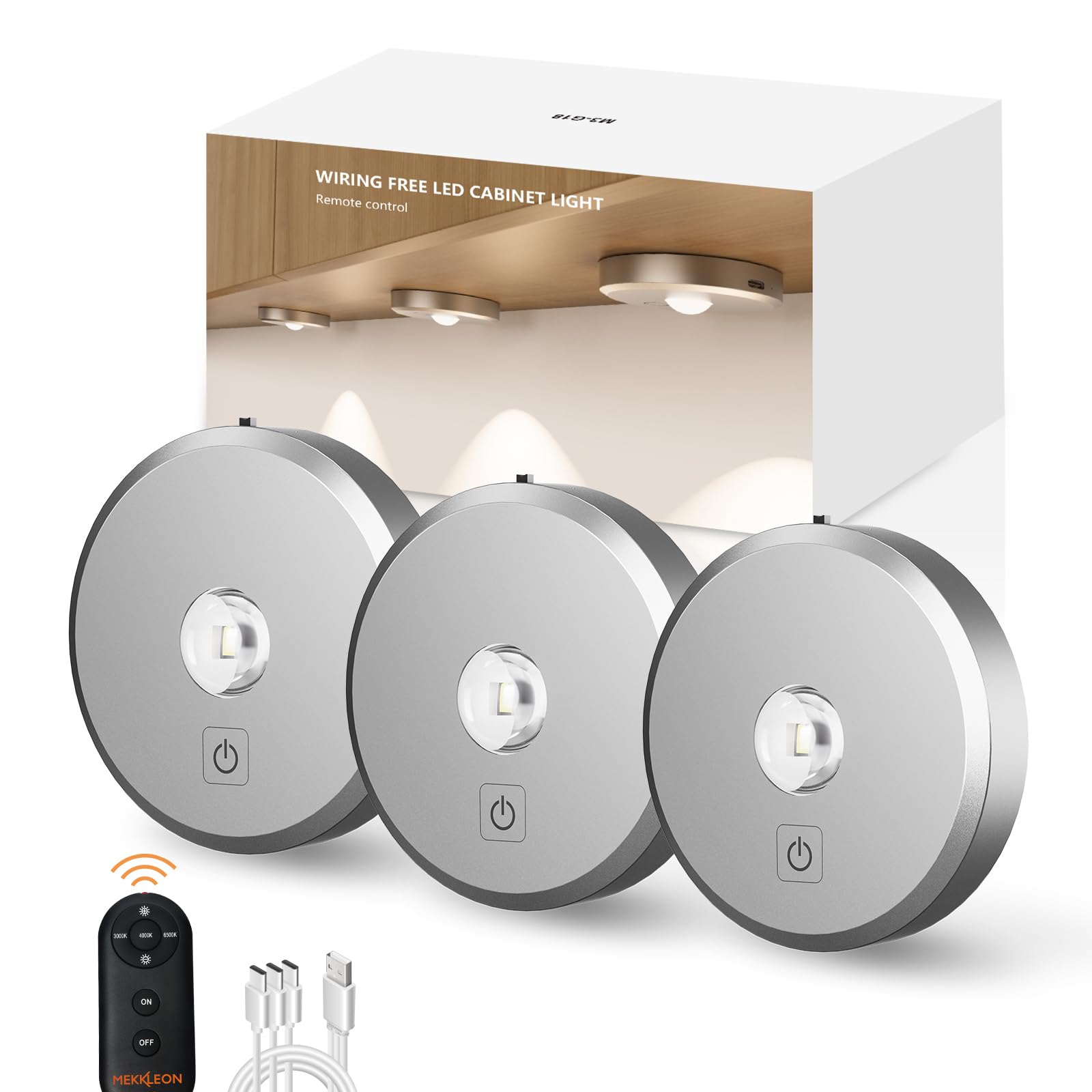 MEKKLEON Puck Lights with Remote Control - Rechargeable, Wireless Under Cabinet Lighting, 2000mAh Battery Operated Tap Push Touc