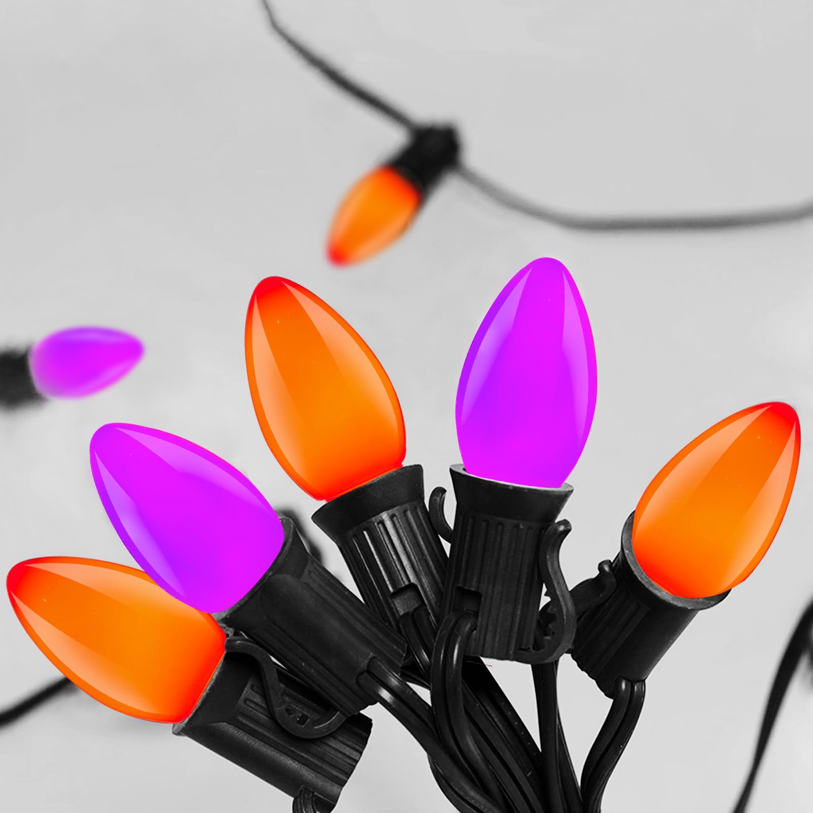 SUNSGNE C7 LED String Lights - 25FT Outdoor Waterproof, 27 Shatterproof Bulbs, Orange Purple, Black Wire