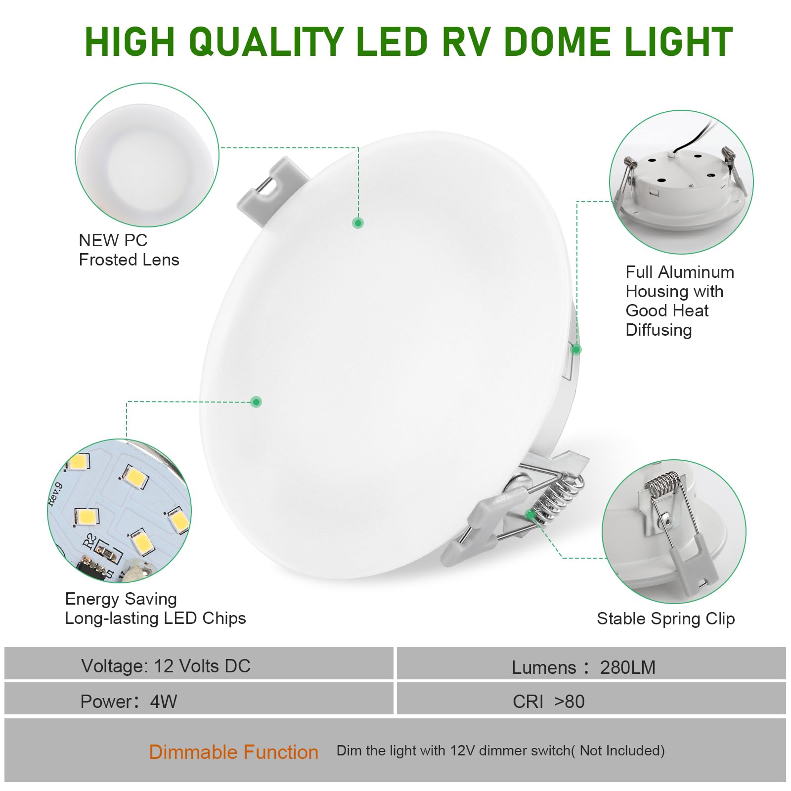KICORED LED RV Recessed Ceiling Light, Warm White, 4.5 Inch, Model 9602-04, Pack of 6, Glass, Interior Lighting for RV/Boat/