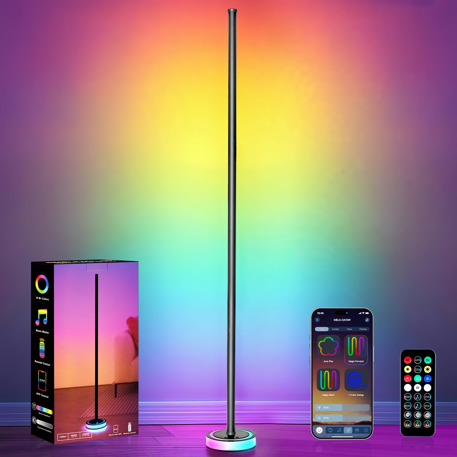 BRINGUX Smart Corner Floor Lamp, RGBICW LED Standing Lamp with App Control, 16 Million Colors with Music Sync, Dimmable Ambient 
