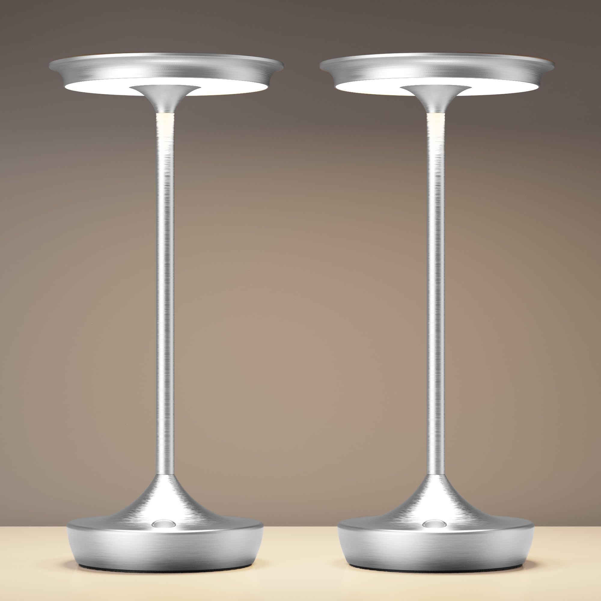 YHT Cordless Rechargeable Table Lamp, 6000mAh Battery, Waterproof, 3 Color Dimming, Aluminum, Silver, Model 825, 2 Pack