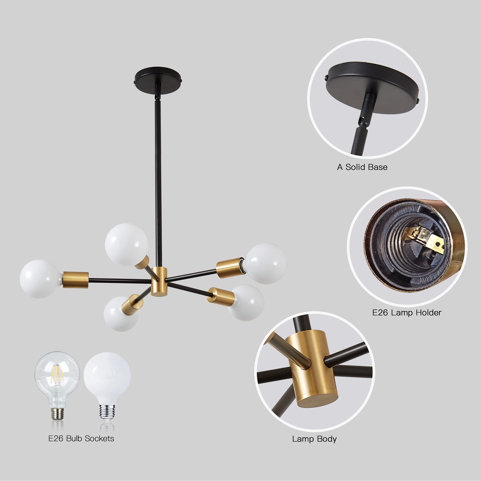 KAISITE 5-Light Sputnik Chandelier - Modern Metal Ceiling Pendant Light, Adjustable Height, Gold and Black for Living Room, Kitchen, Bedroom