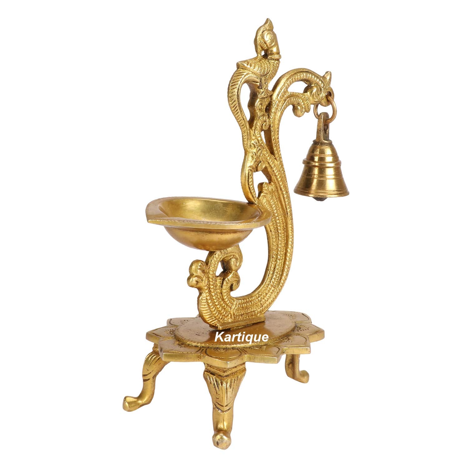 Kartique Brass Peacock-Theme Bell Diya (Gold_3 Inch X 5 Inch X 8 Inch)