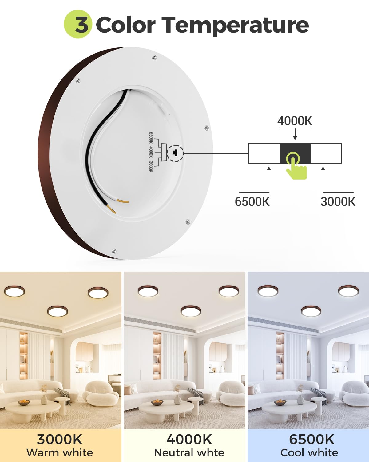 Hepside 1Pack Dimmable Flush Mount Ceiling Light Fixture Oil Rubbed Bronze, 3Cct Selectable 3000/4000/6500K Ceiling Lamp, 7.5Inc