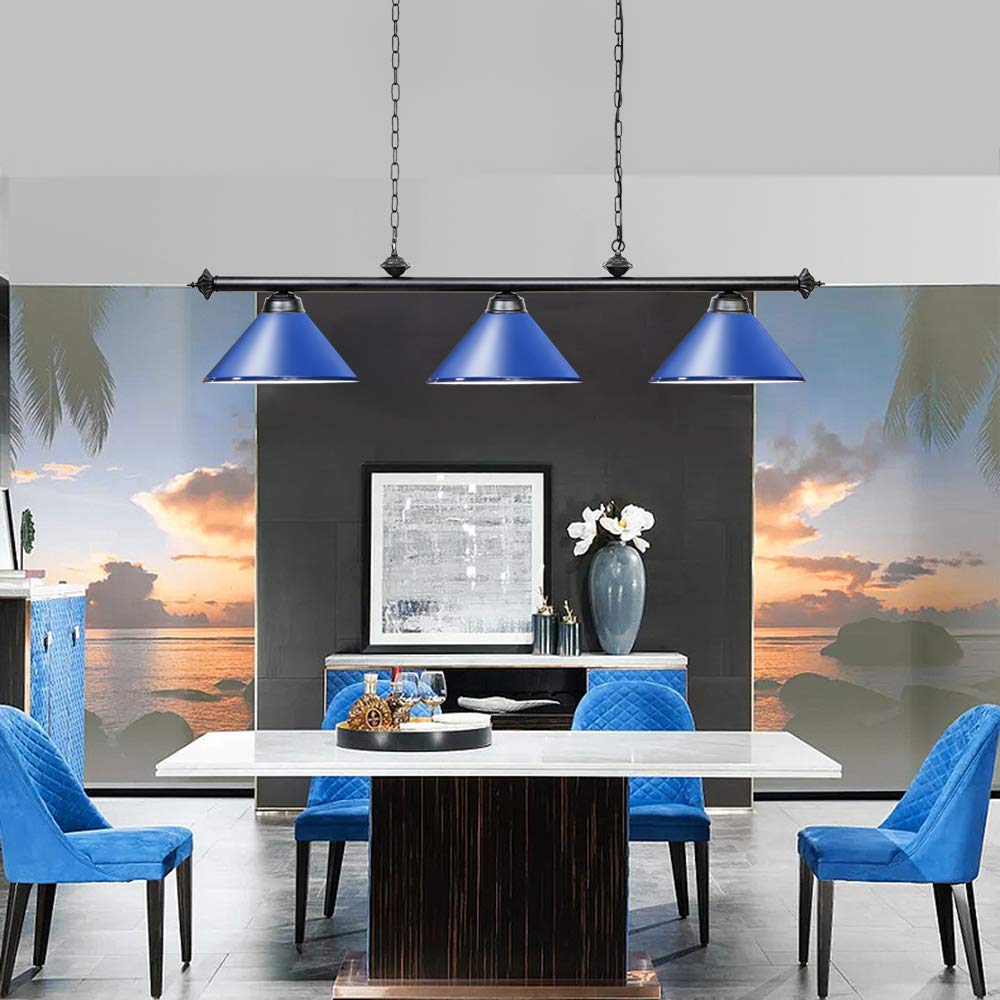 Wellmet 3 Light Pool Table Light, Vintage Metal Fixture, 59 inch for 7ft/8ft/9ft Tables, Blue, Model CHL-001-light-Blue