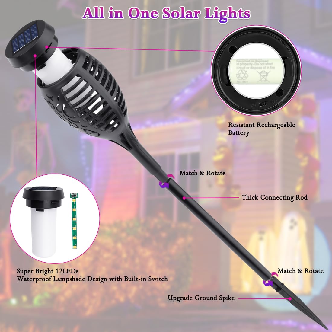 LNRYY Solar Torch Lights, Waterproof LED, Flickering Flame, 6 Pack, Purple Halloween Decorations for Outdoor Yard Pathway