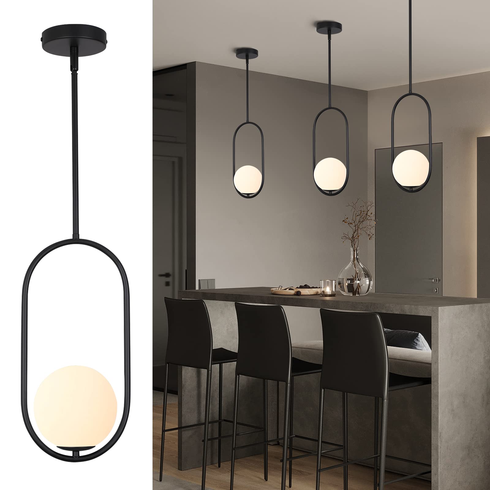 SeeU Pendant Light Chandelier, Black Metal Globe Fixture for Kitchen, Dining Room, Bedroom