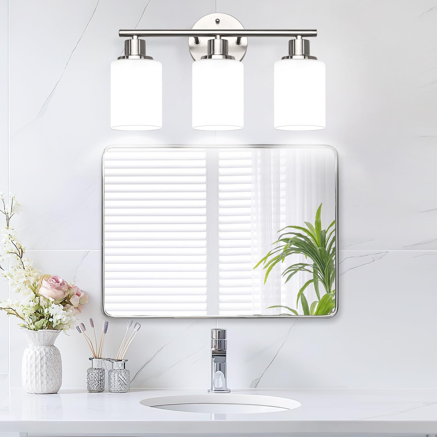 Zarbitta 3-Light Bathroom Light Fixtures, Brushed Nickel Vanity Light, Farmhouse Wall Lights With Milky White Frosted Glass Shad