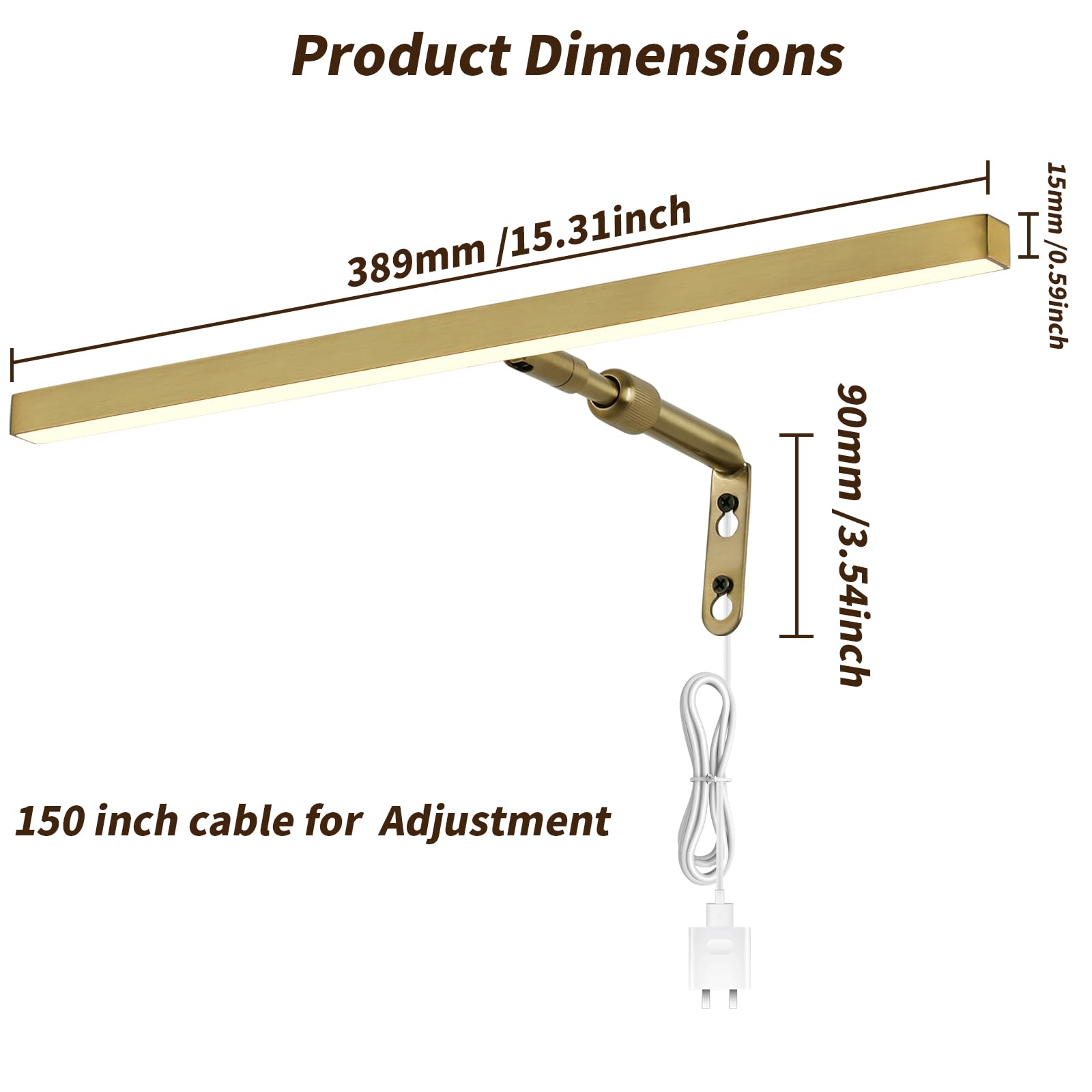 Pasoar Brass Picture Light, 16" Adjustable LED Art Light, Remote Control, Model 9899, Gold Finish