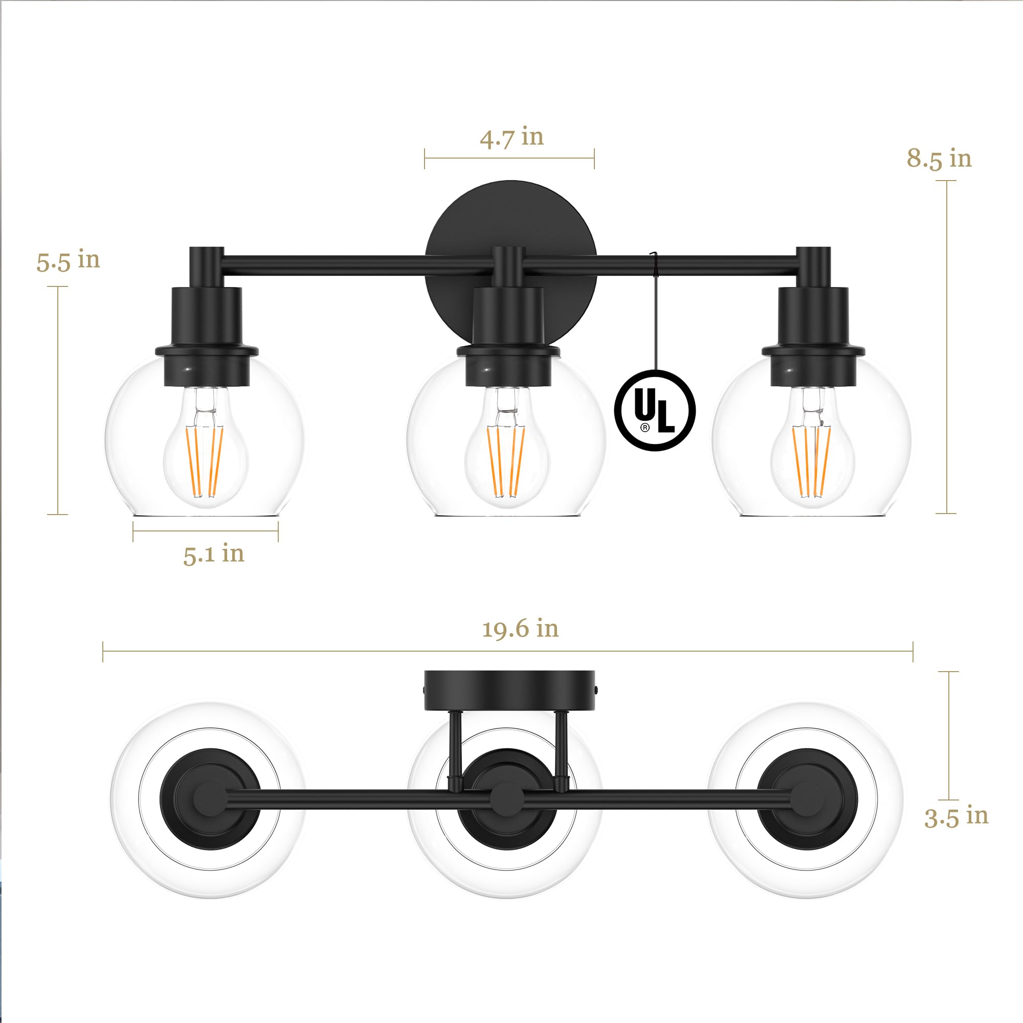 Espird Matte Black 3-Light Bathroom Vanity Light Fixture, Industrial Globe Wall Sconce