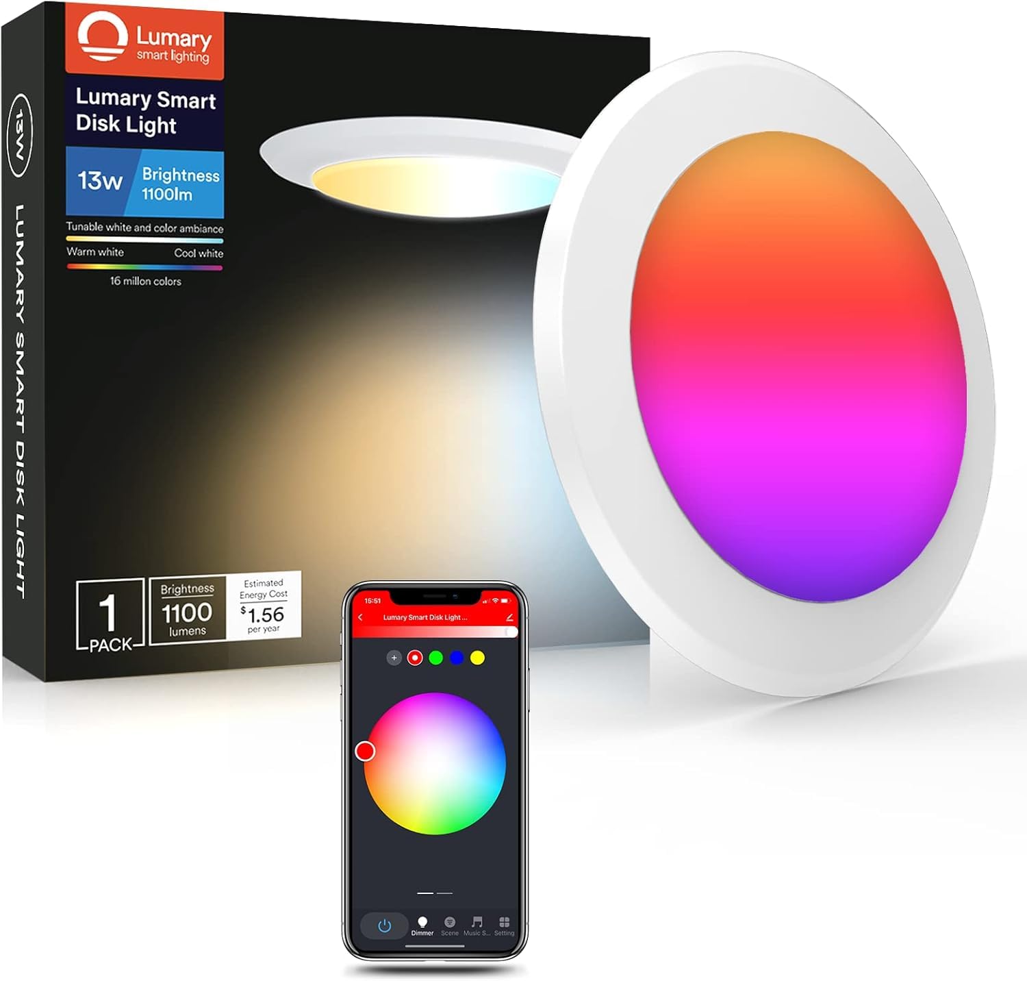 Lumary Smart Flush Mount Ceiling Light, RGBWW WiFi LED, Dimmable 5/6 Inch, Metal, Disk B-1PCS, Model US-DS6B-1