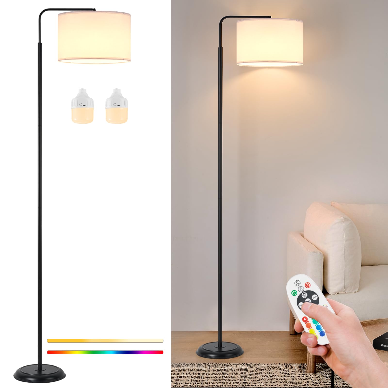 Dual Bulb Cordless Floor Lamp, Support 4 Bulbs Expansion, Ultra Stable Weighted Base, High Brightness, Adjustable 3 Color Temper