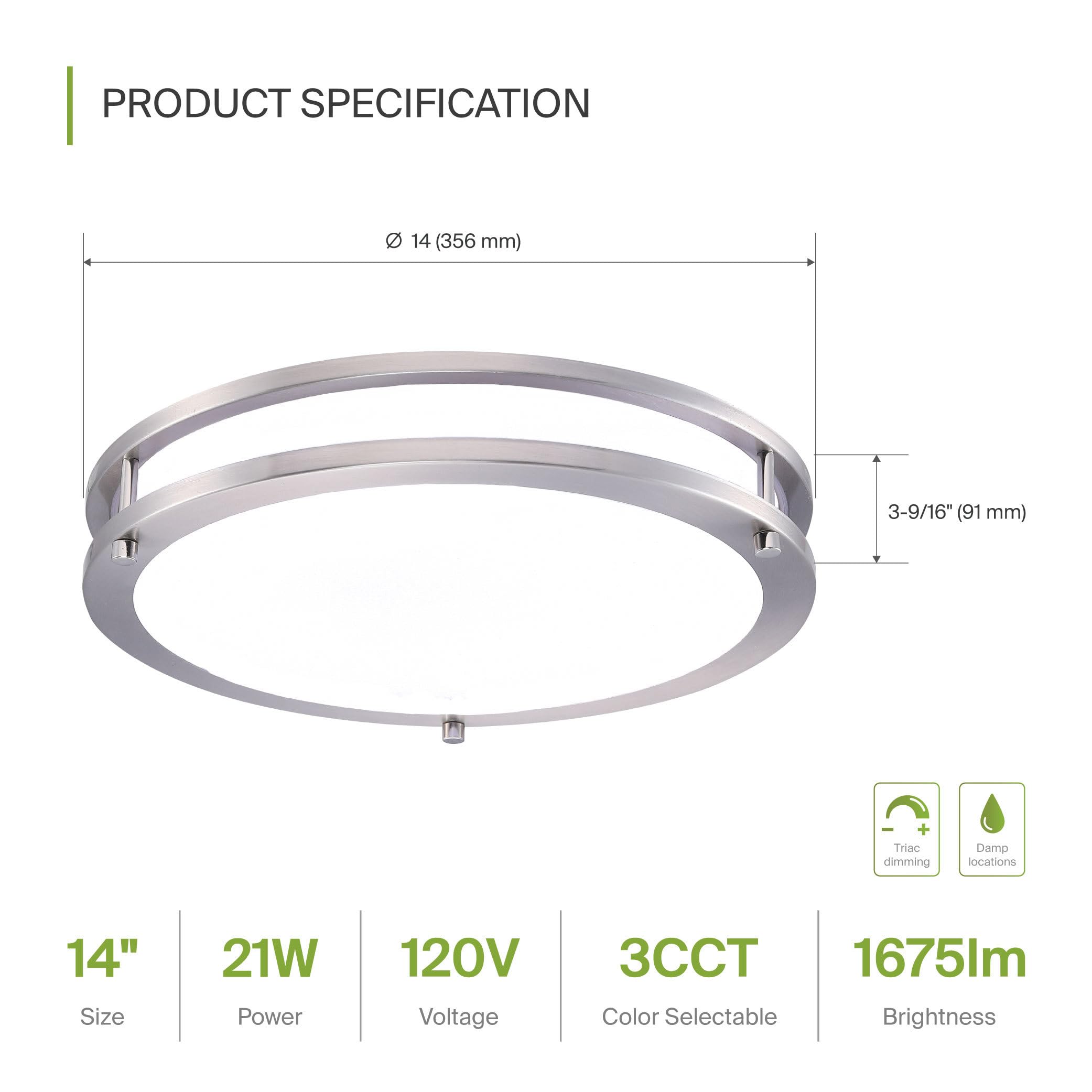 ASD LED Round Flush Mount Light Fixture 21W 1700LM 3000K-5000K 14 Inch Brushed Nickel Model A-LFMDR-14D21CCNK