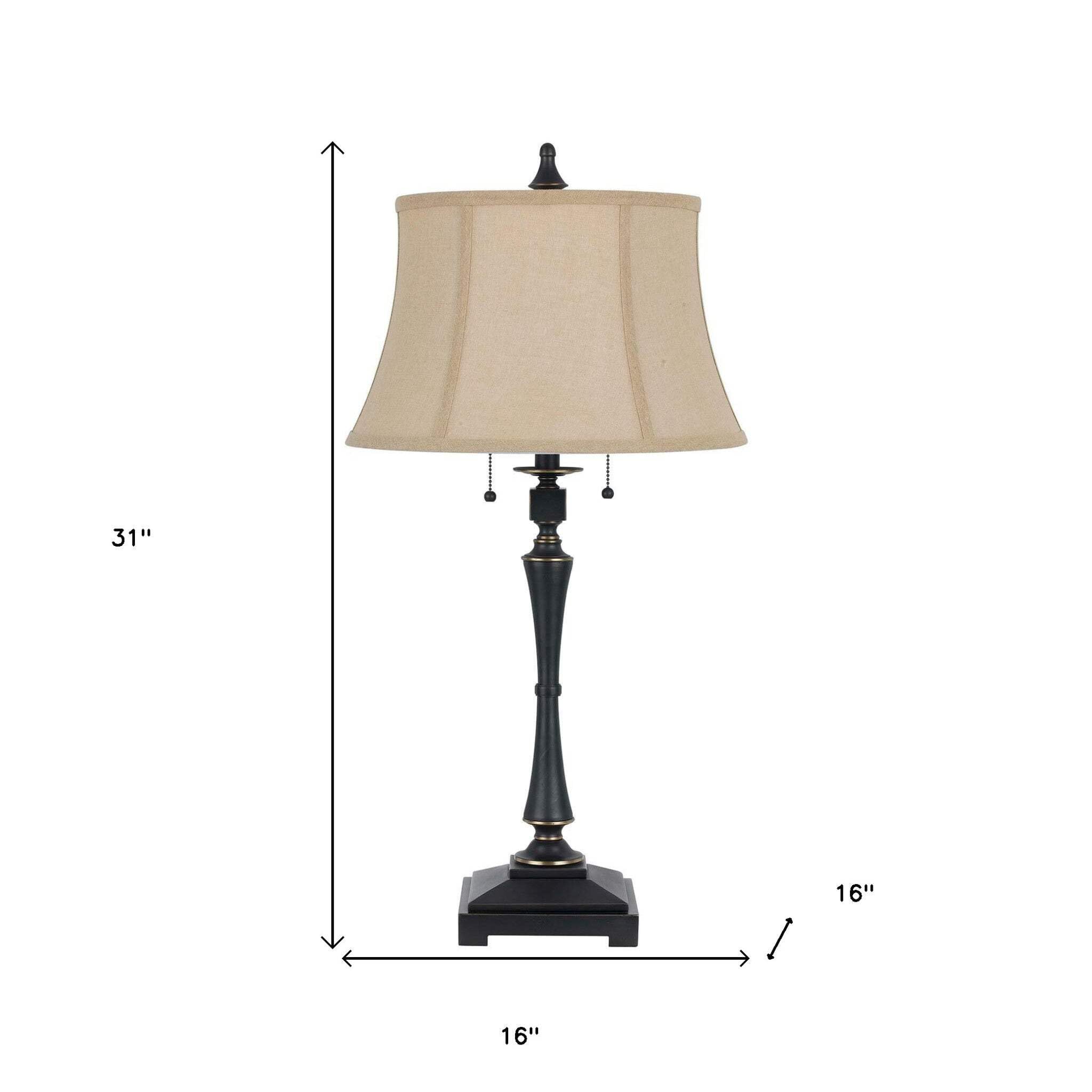 HomeRoots Two Light Table Lamp, 31 in., Bronze Metal with Beige Empire Shade, Model 524692