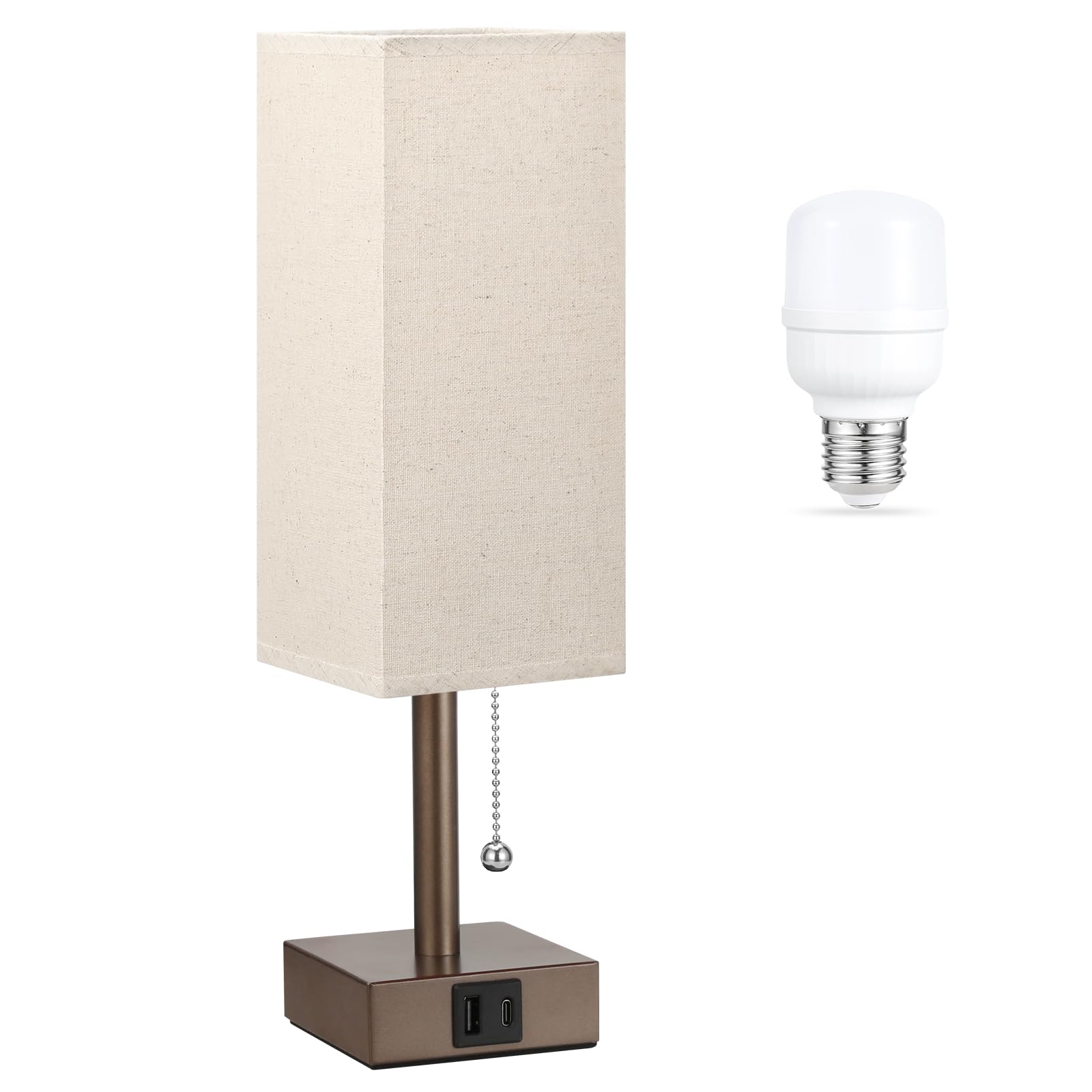 aooshine Beige Small Table Lamp for Bedroom - 3 Color Temperature 3000K 5000K 4000K Bedside Lamp, Pull Chain Control, USB A and 