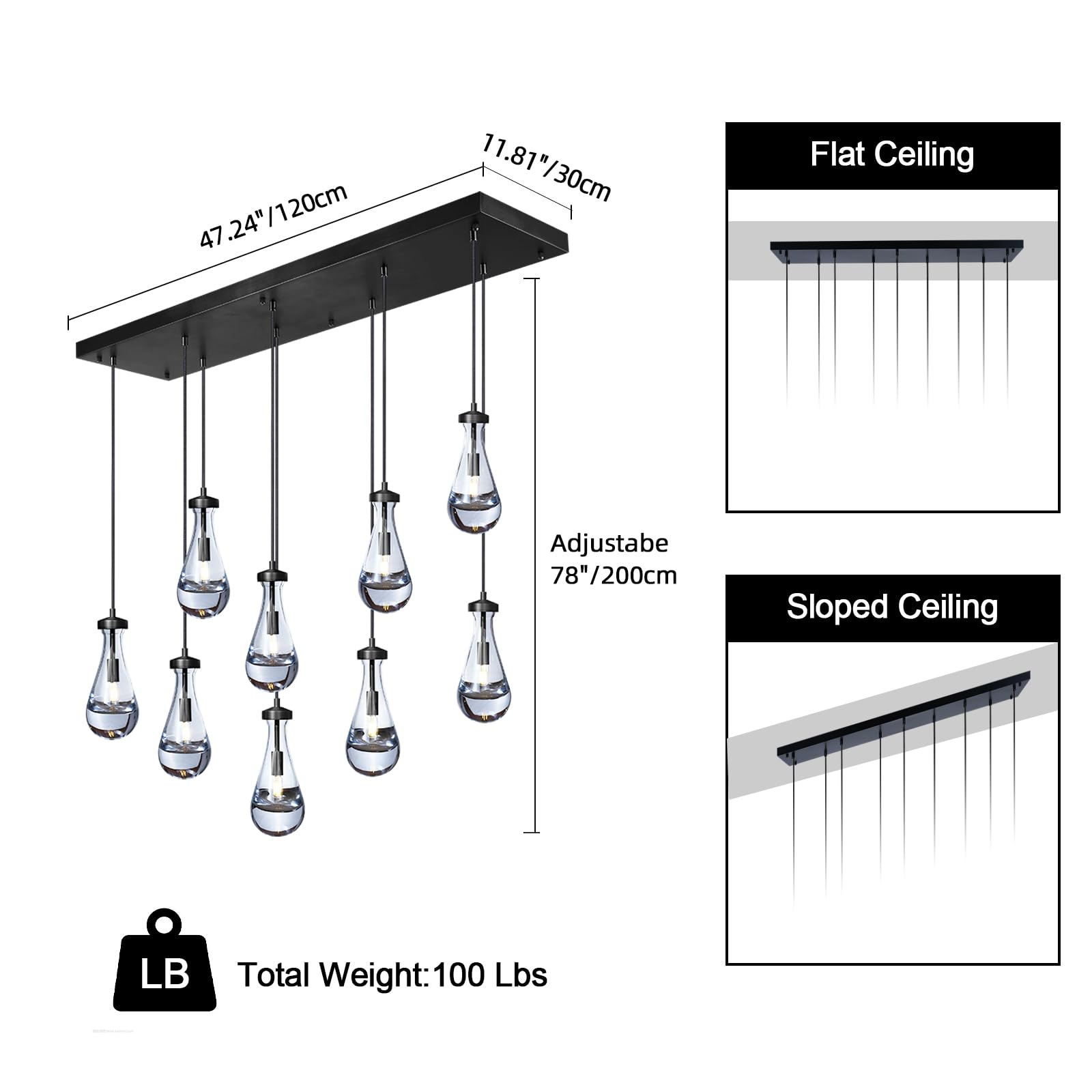 Joyunleo 9-Light Raindrop Chandelier, Adjustable Black Glass Pendant Light for Dining Room, Model YD-9-Light2