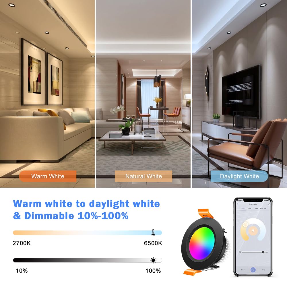 inShareplus 2 Inch WiFi Black LED Downlight 6 Pack, Dimmable RGBCW 2700-6500K, Aluminum, Compatible with Alexa/Google