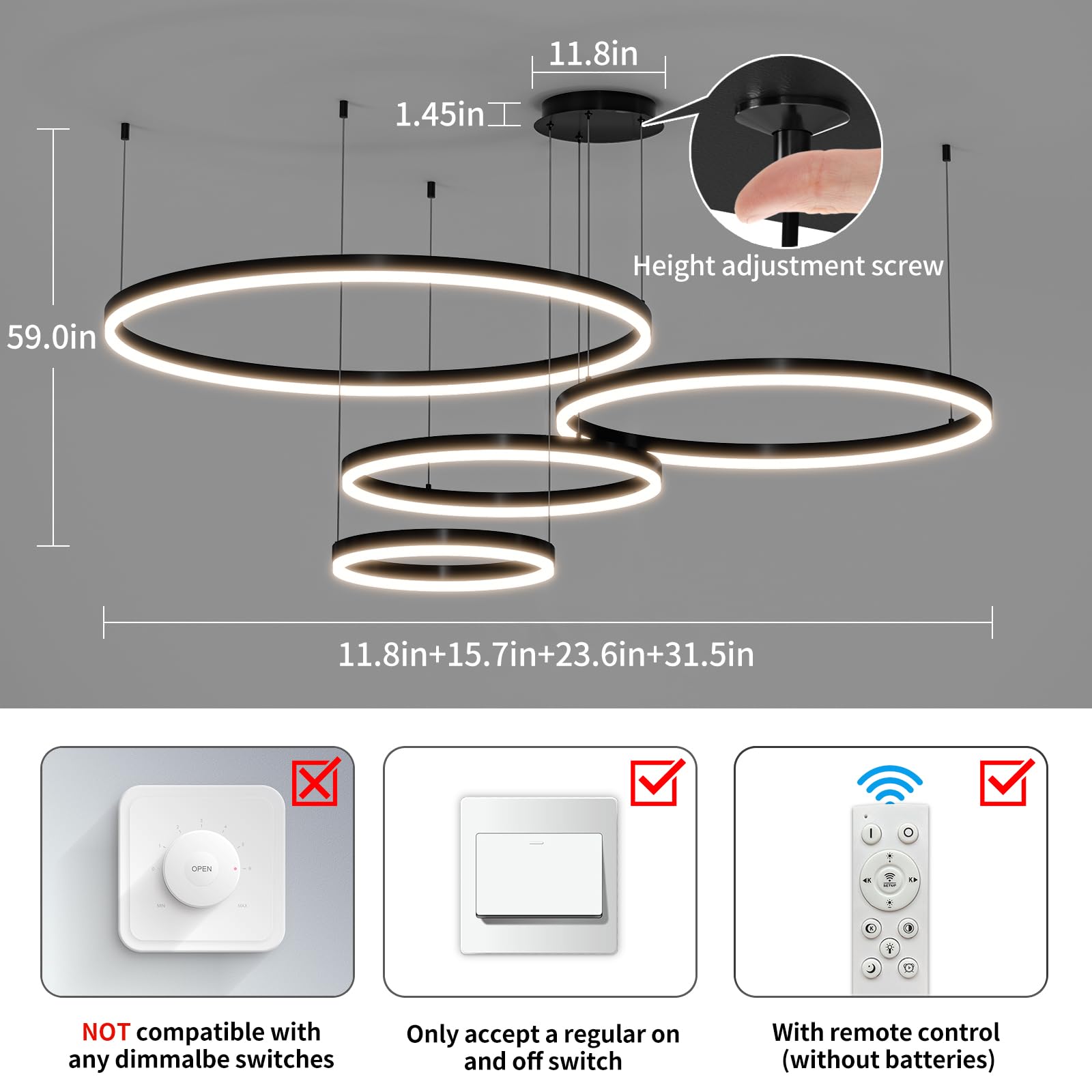 Mikeru Modern LED Chandelier Light, Remote Control, 3000K-6500K, 11.8+15.7+23.6+31.5IN, Aluminum,