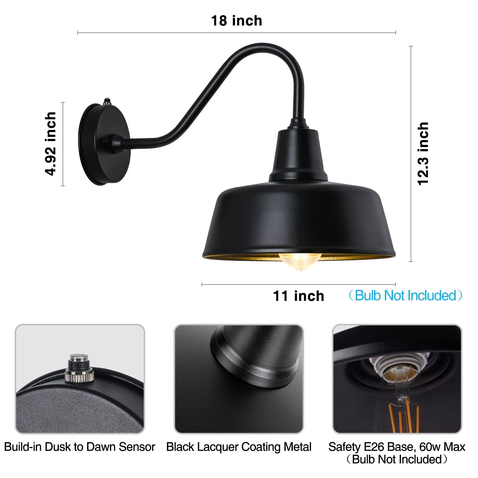 Metojia Gooseneck Barn-Lights Outdoor Fixture - 11 Inch Farm Style Black Large Lighting Farmhouse Exterior Sconce Wall Light For