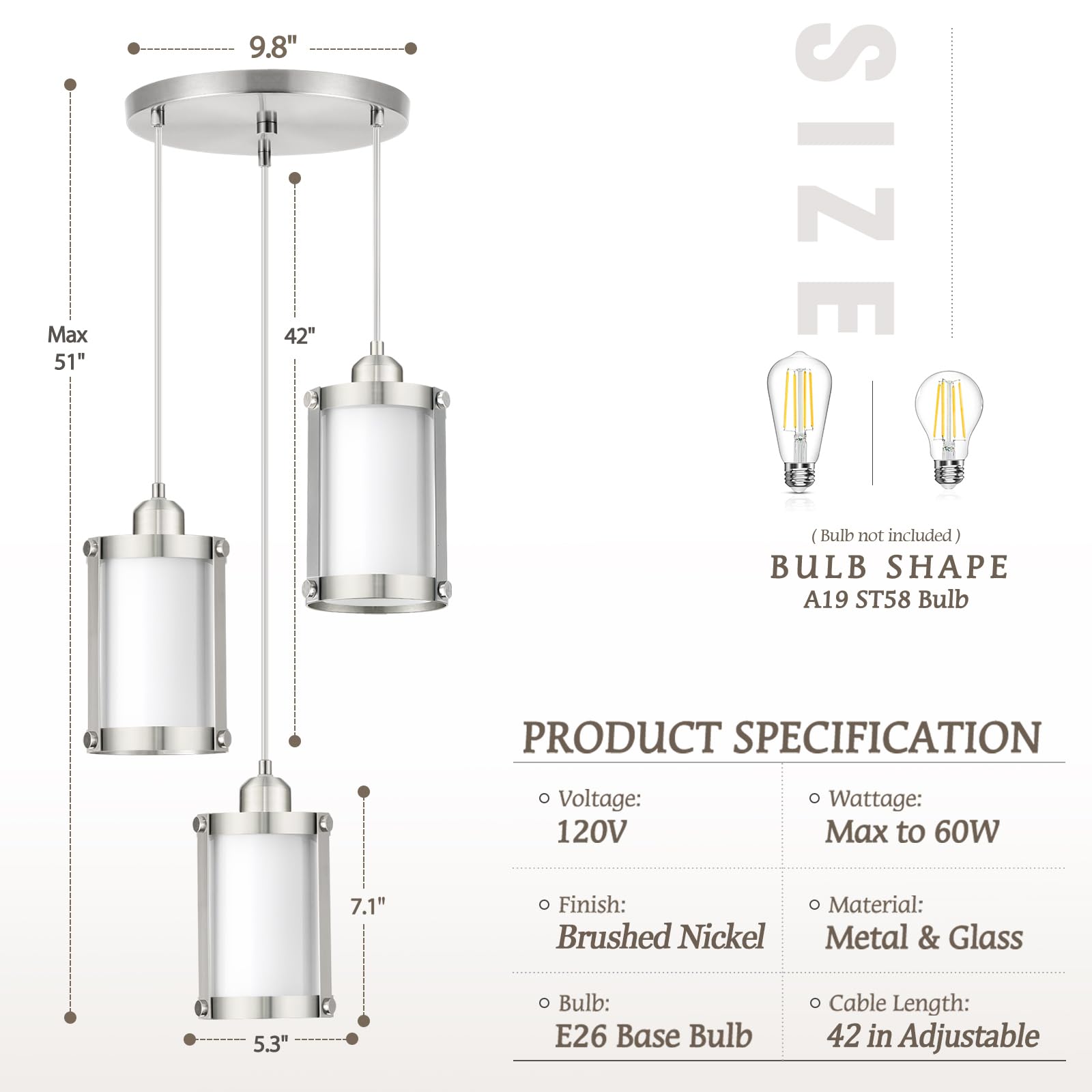 Osimir 3-Light Pendant Lighting, Brushed Nickel Dining Room Chandelier Light Fixture Over Table With Milk Glass, Modern Cluster