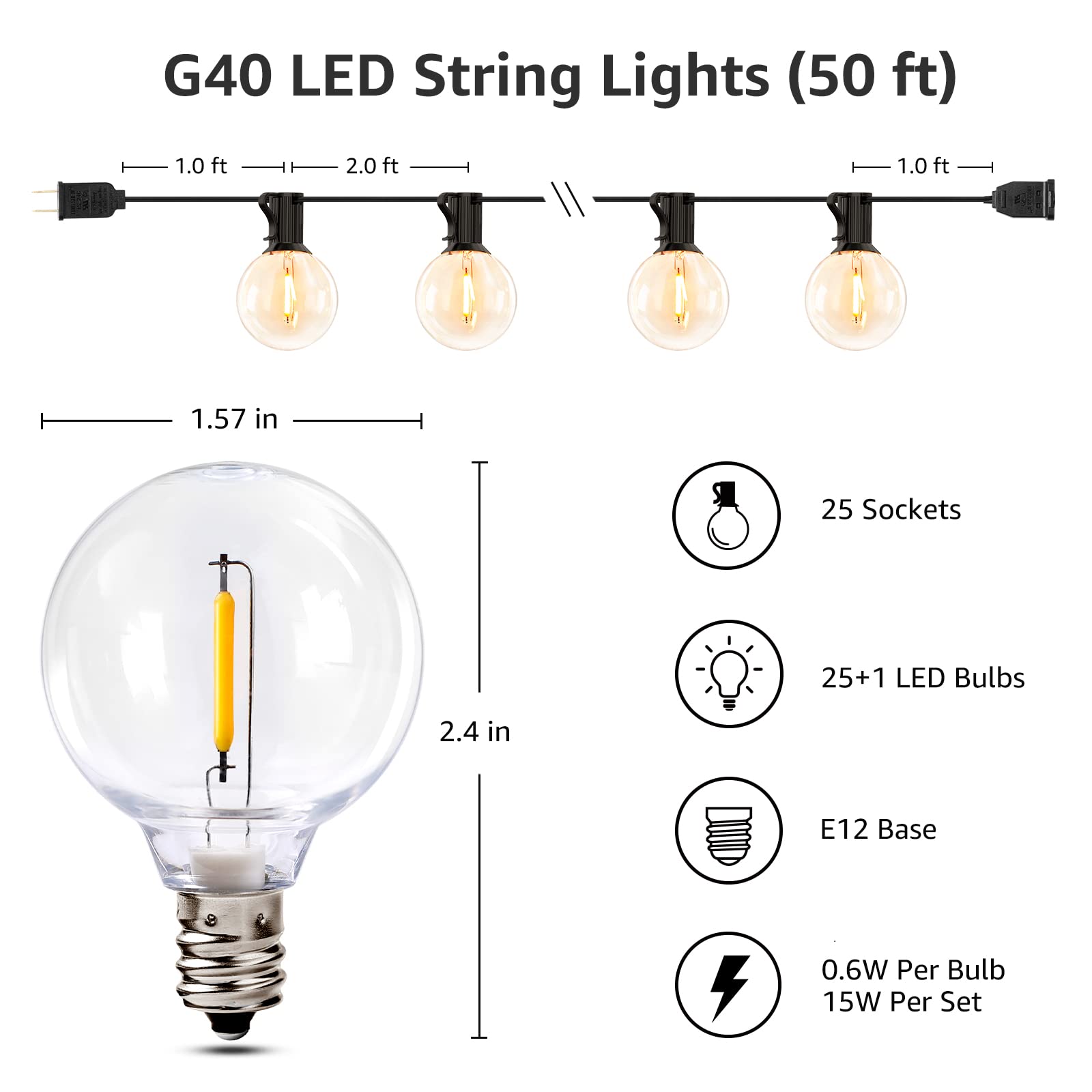 Lepro Led Outdoor String Lights For Patio, 50Ft Bistro Lights With 26 Shatterproof G40 Globe Edison Bulbs, Waterproof Caf   Ligh