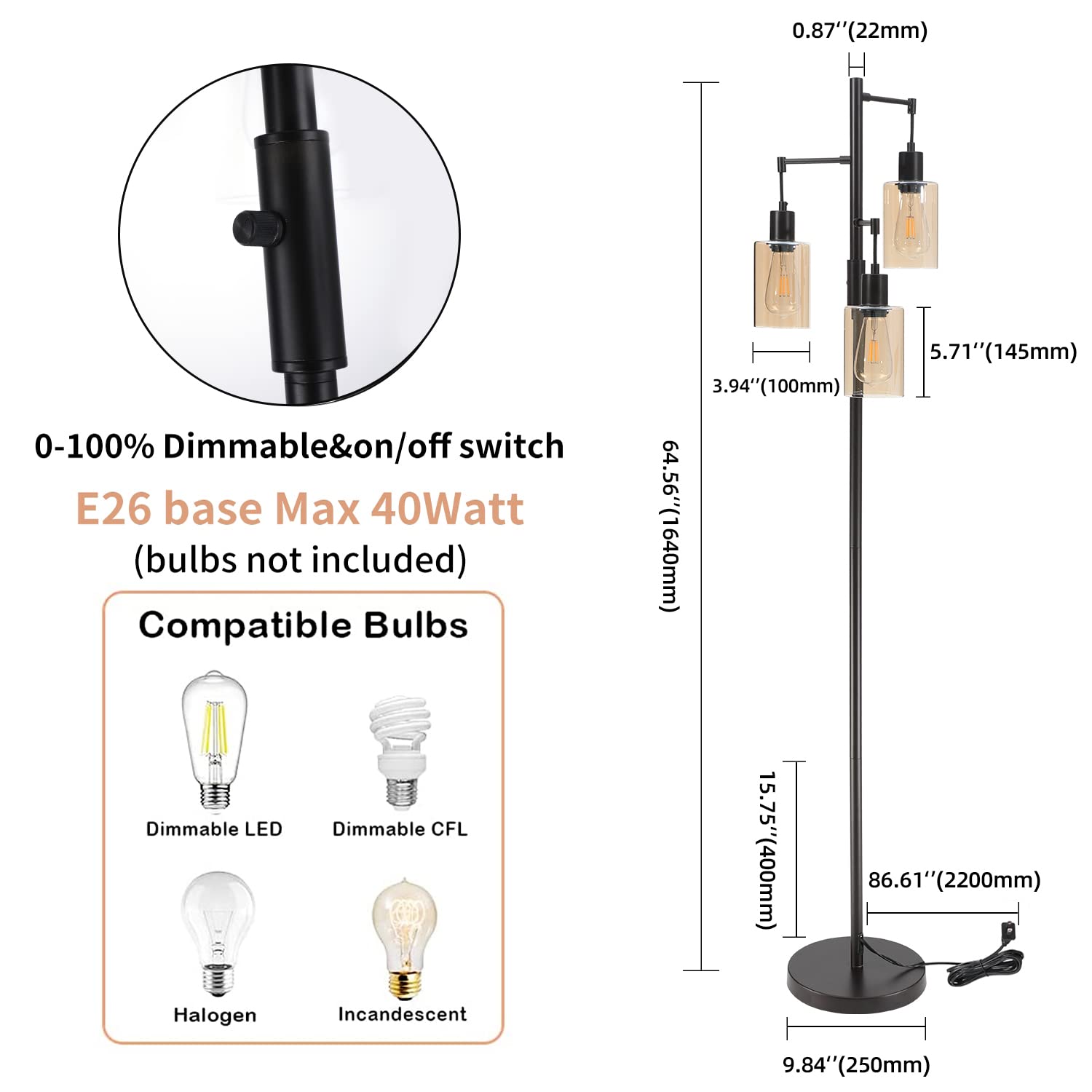 Liylan Farmhouse Floor Lamp - Dimmable Tall Oil-Rubbed Bronze Tree Lamp with 3 Lights and Amber Glass Shade, Model MF20056ORB