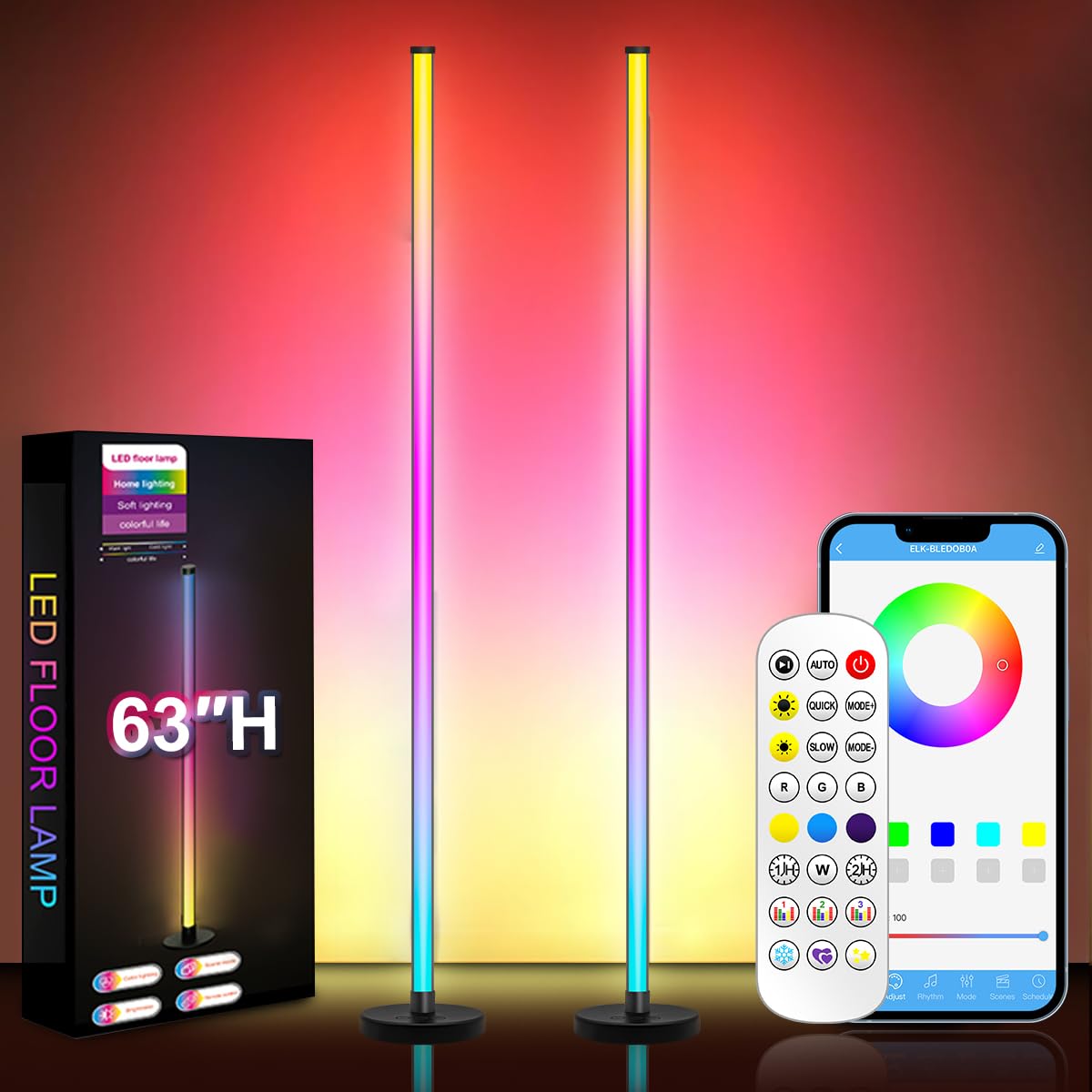 Halucky LED Floor Lamp, 63-Inch RGB Corner Light with Music Sync, Smart App Control, 16 Million Colors, Remote Control for Livin