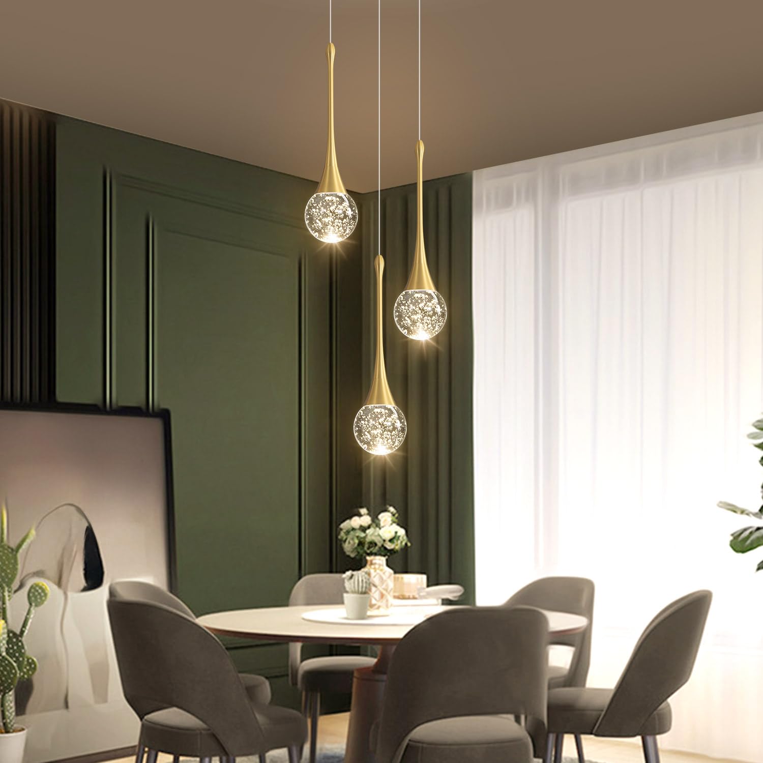 Cenzoz 3-Lights Modern Pendant Lights For Kitchen Island Led Dimmable Crystal Glam Ceiling Pendant Lighting Chandelier For Dining Room Hallway Bedroom Corner Lamp Antique Gold