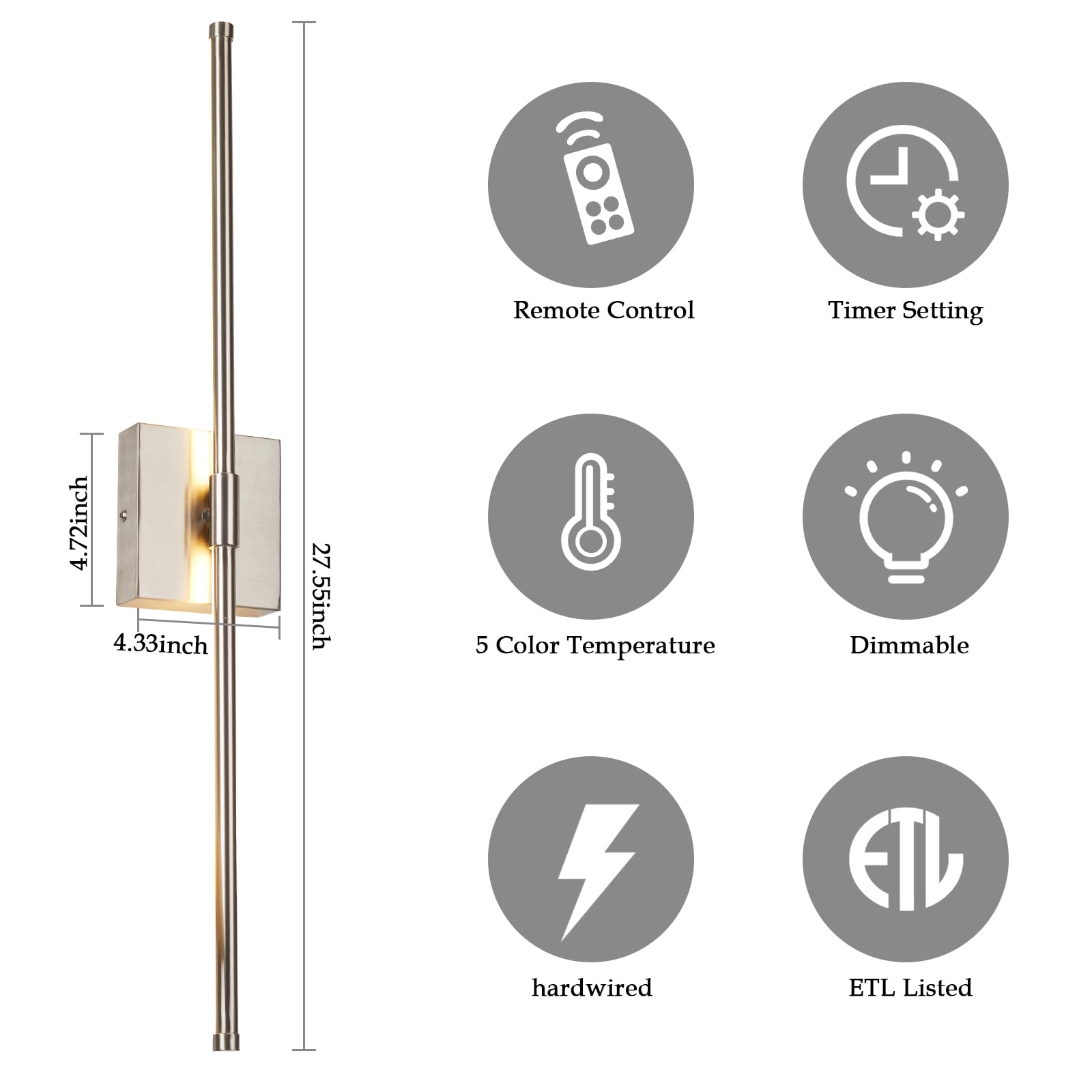 Goosebrite LED Wall Sconces Set of Two, Dimmable, Remote Control, 5 Colors, Oil-Rubbed Bronze, Hardwired, 3000K-6500K