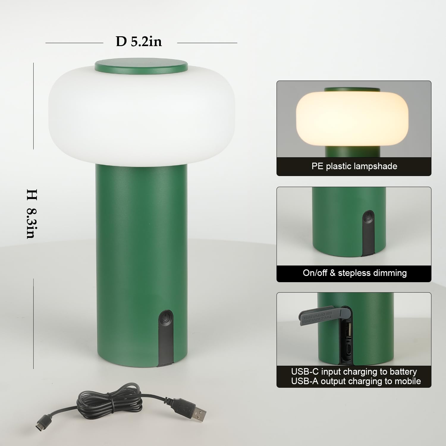 WEILAILUX Waterproof Rechargeable Shower Lamp, Touch Dimmable, Portable Battery Operated, Green, Model WL-3690