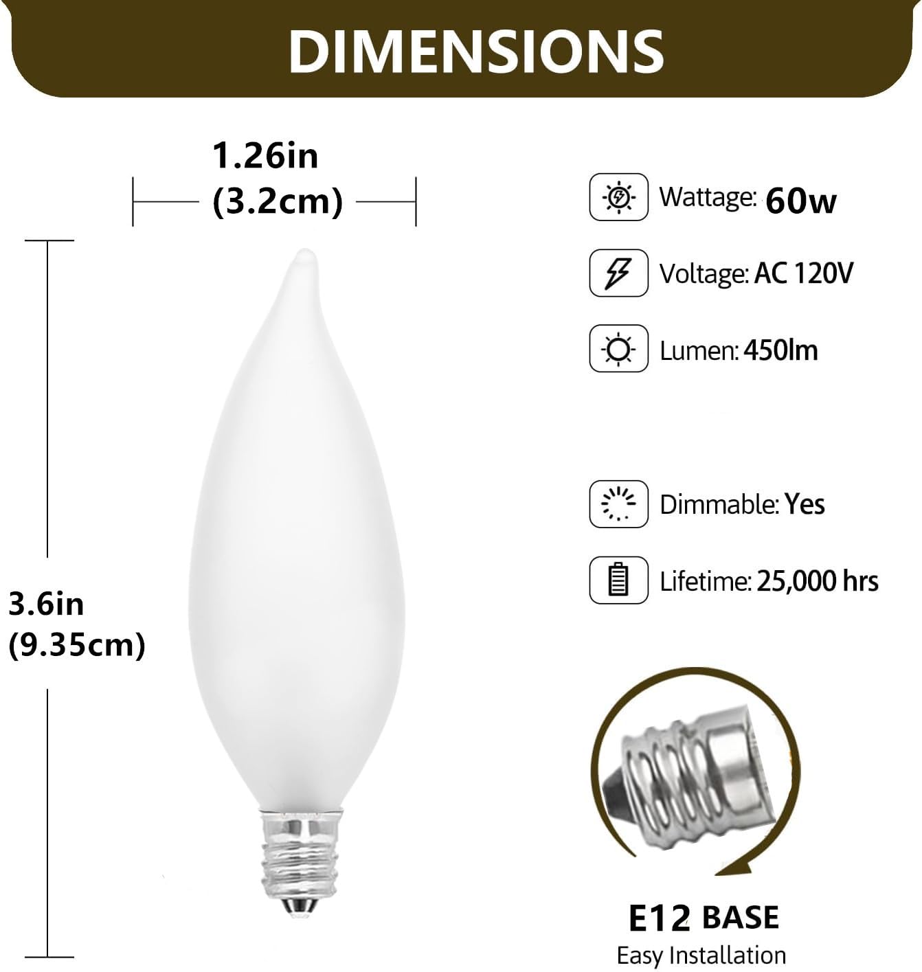 Candelabra Flame Tip Frosted,Frosted Flame Tip Chandelier Light Bulb, Ca10 60W E12 Base, Decorative Incandescent Light Bulbs 120
