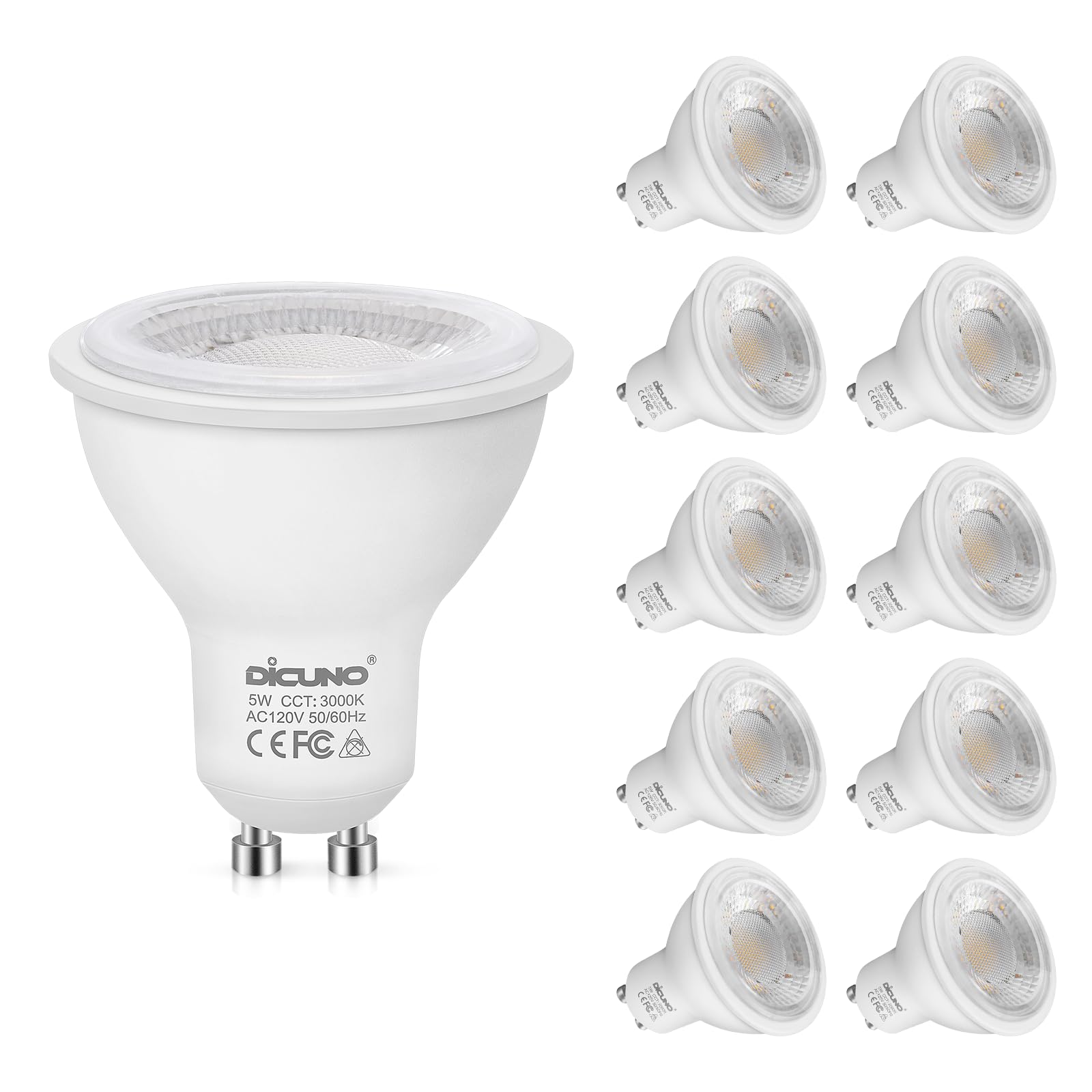 DiCUNO GU10 LED Bulbs 5W Warm White 3000K 500lm 45° Beam Angle 10-Pack MR16
