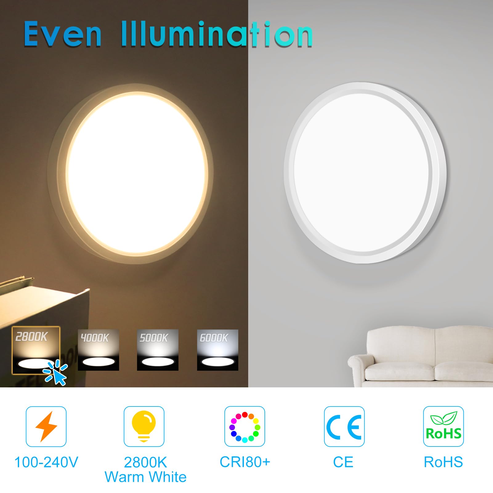 Lightingwill 7 Inch Led Flush Mount Ceiling Light Fixture  2800K Warm White  1500Lm  12W  Flat Modern Round Lighting Fixture  120W Equivalent White Ceiling Lamp For Kitchens  Bedrooms.Etc.