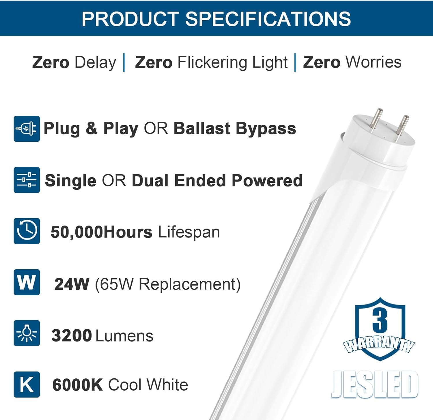 Jesled 4Ft Led T8 Type A+B Tube Lights, 24W(65W Equiv.), 3200Lm, 6000K, Single Or Double End Powered, Plug And Play Or Ballast B